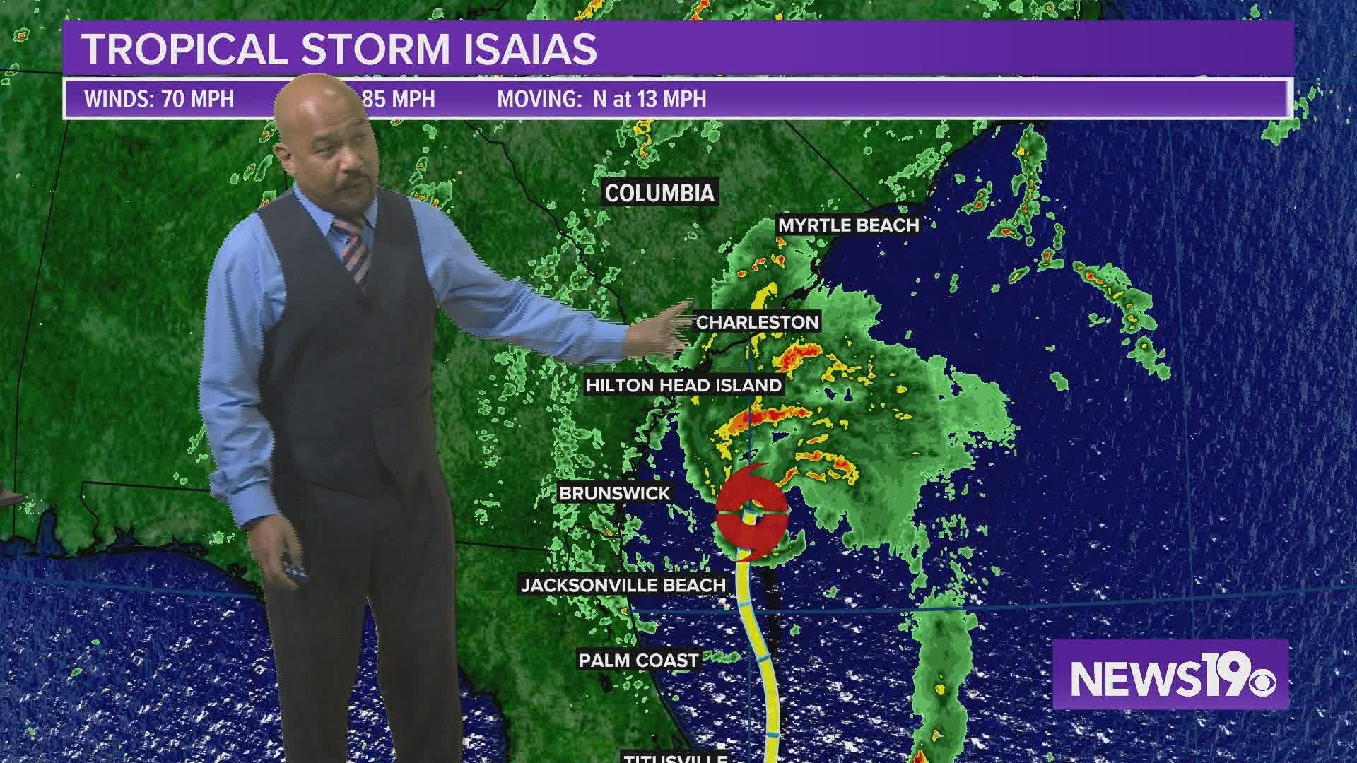 Isaias is expected to make landfall in South Carolina Monday evening, then push into North Carolina all day Tuesday.