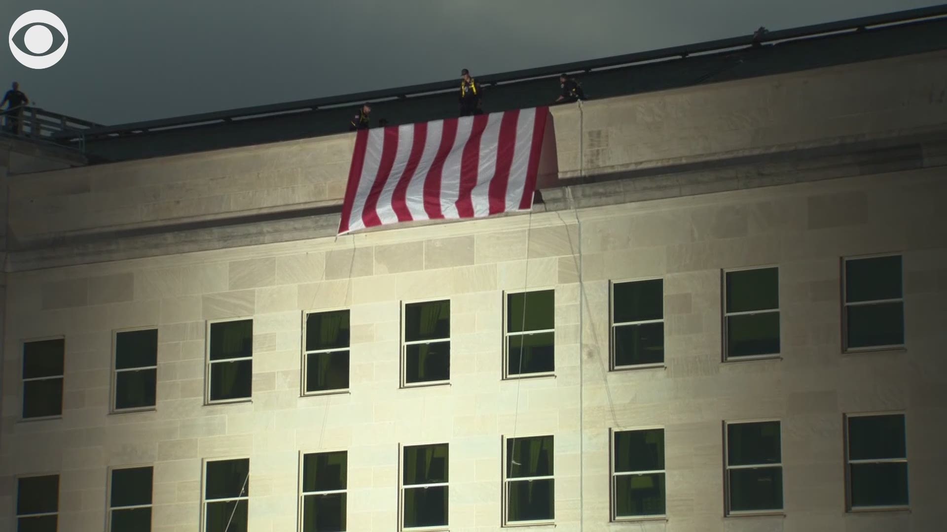 Watch as an American flag is unfurled at the Pentagon to mark 18 years since the September 11th terrorist attacks.