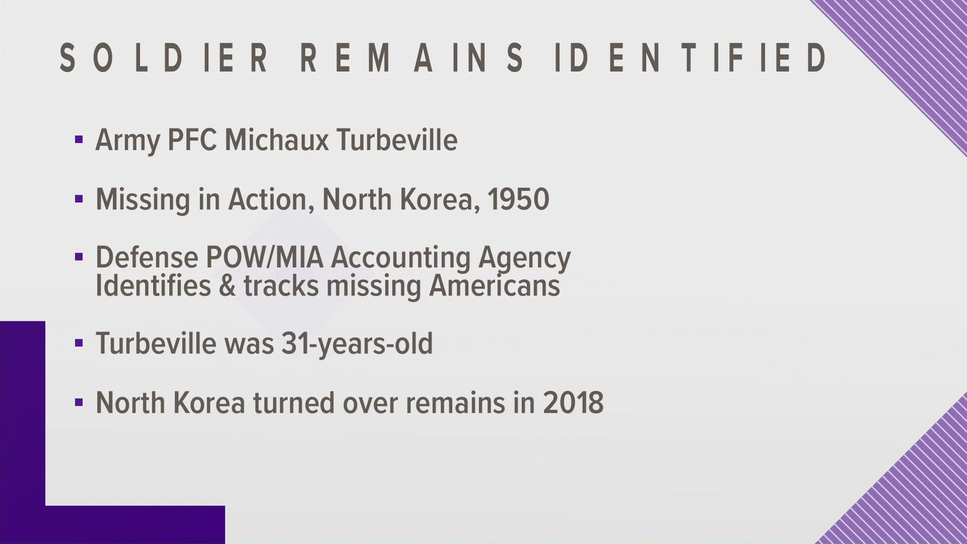 The remains of Private First Class Michaux Turbeville were identified in 2018, he will be buried at Arlington cemetery.