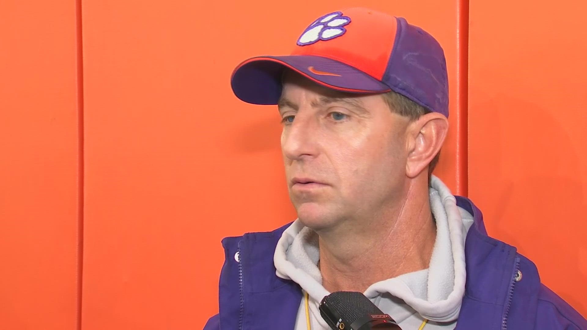 Clemson head football coach Dabo Swinney reacts to the decision of Myles Murphy to opt out of the Orange Bowl.