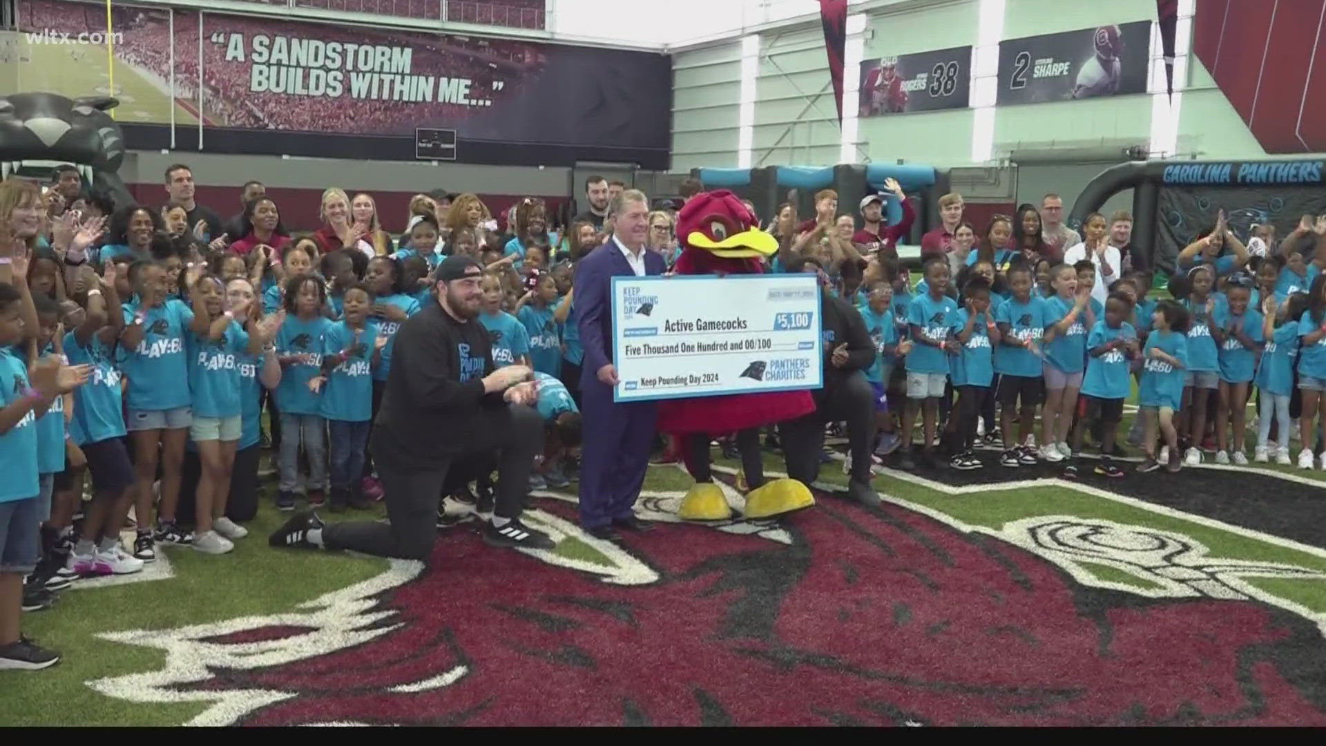 The Carolina Panthers held their annual day of service and 140 2nd grades from Rice Creek Elementary enjoyed a special day inside the Spurrier Indoor Facility.