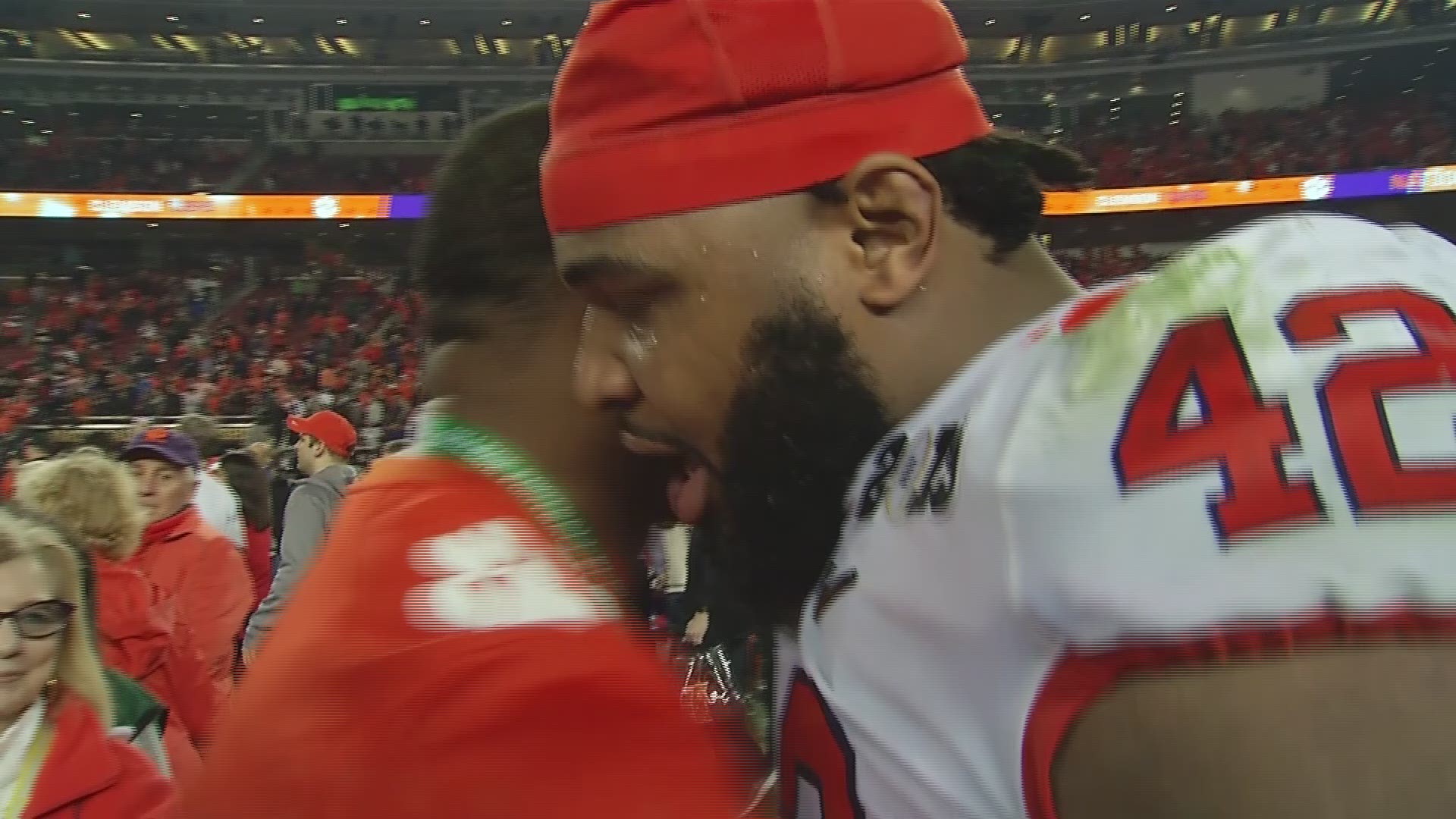 Clemson players react following the dominating victory over Alabama which gave the Tigers their second national championship in the last three years.