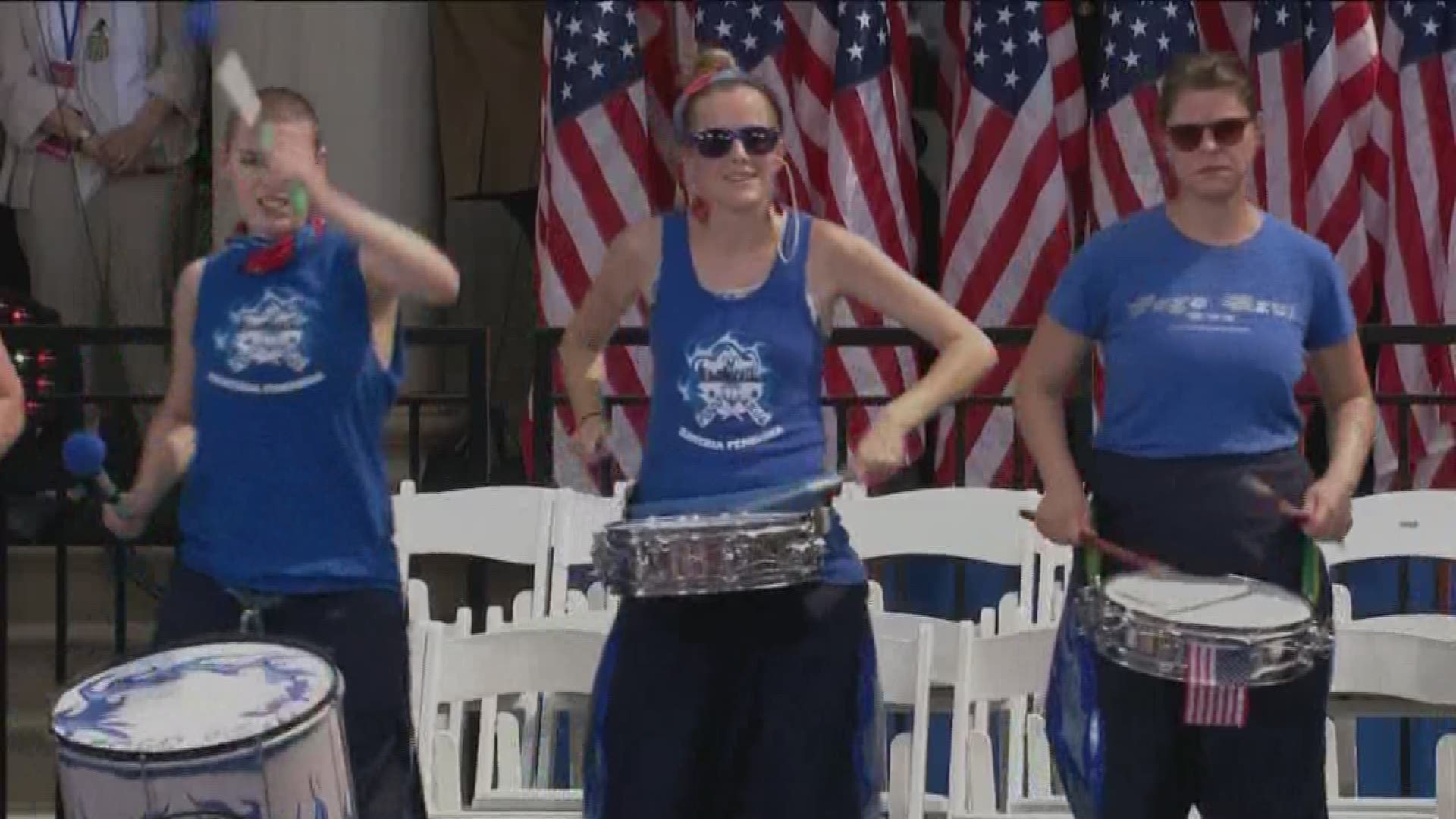 A team of female drummers whipped up the crowd at the Women's World Cup victory parade in New York City. The U.S. women's national soccer team won their fourth World Cup this month.