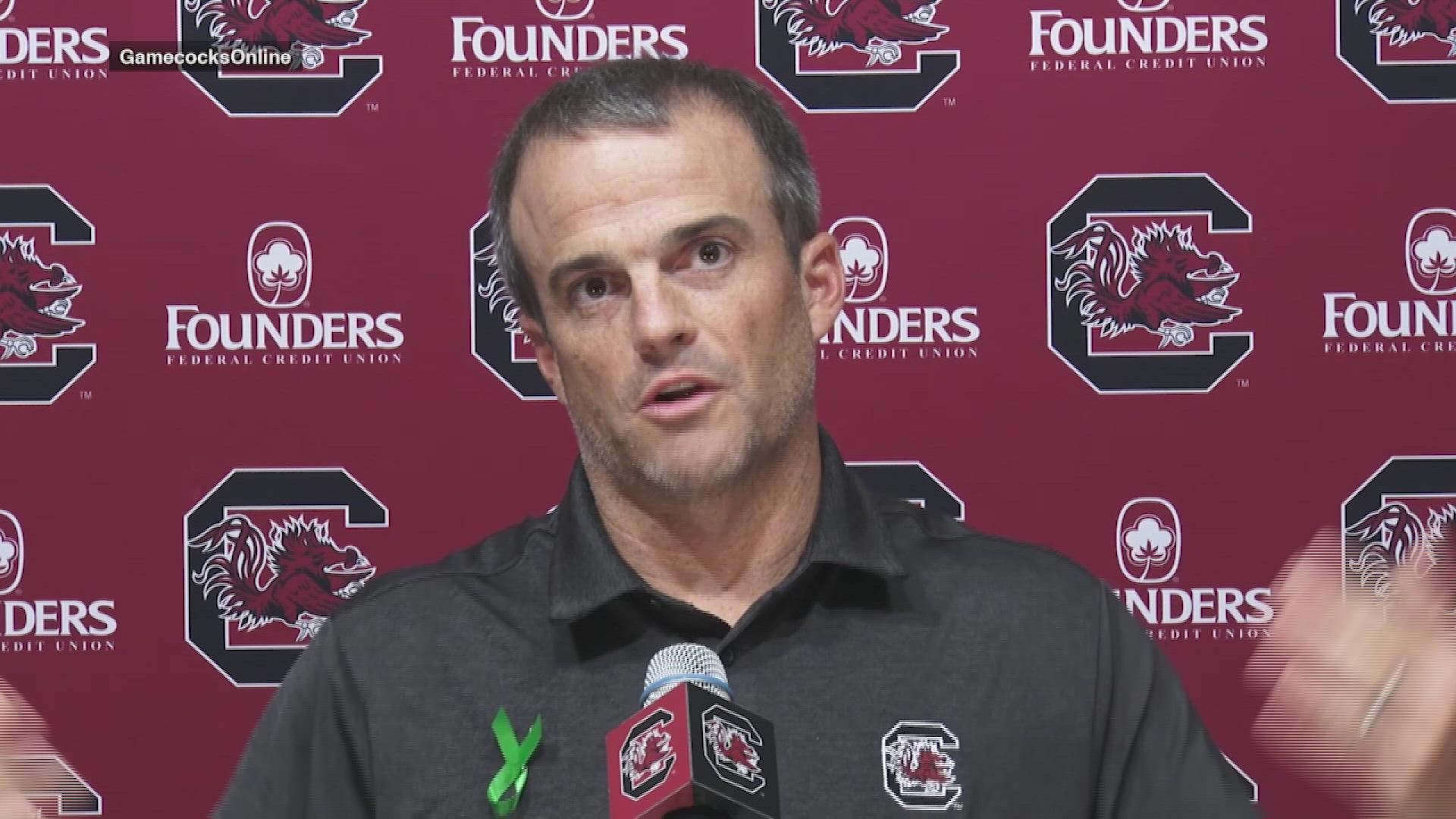 South Carolina head coach Shane Beamer speaks at his Tuesday news conference previewing the Troy game.