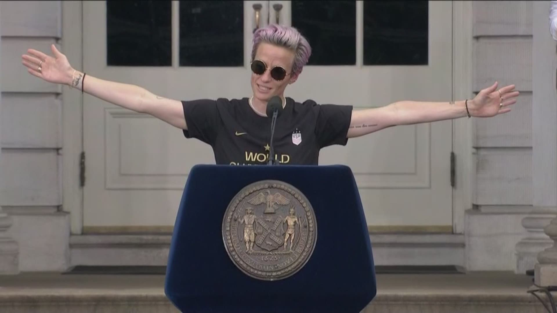 Women's World Cup hero Megan Rapinoe spoke at the victory parade held in New York City on July 10, 2019. Rapinoe and her teammates won the Women's World Cup earlier in the month.