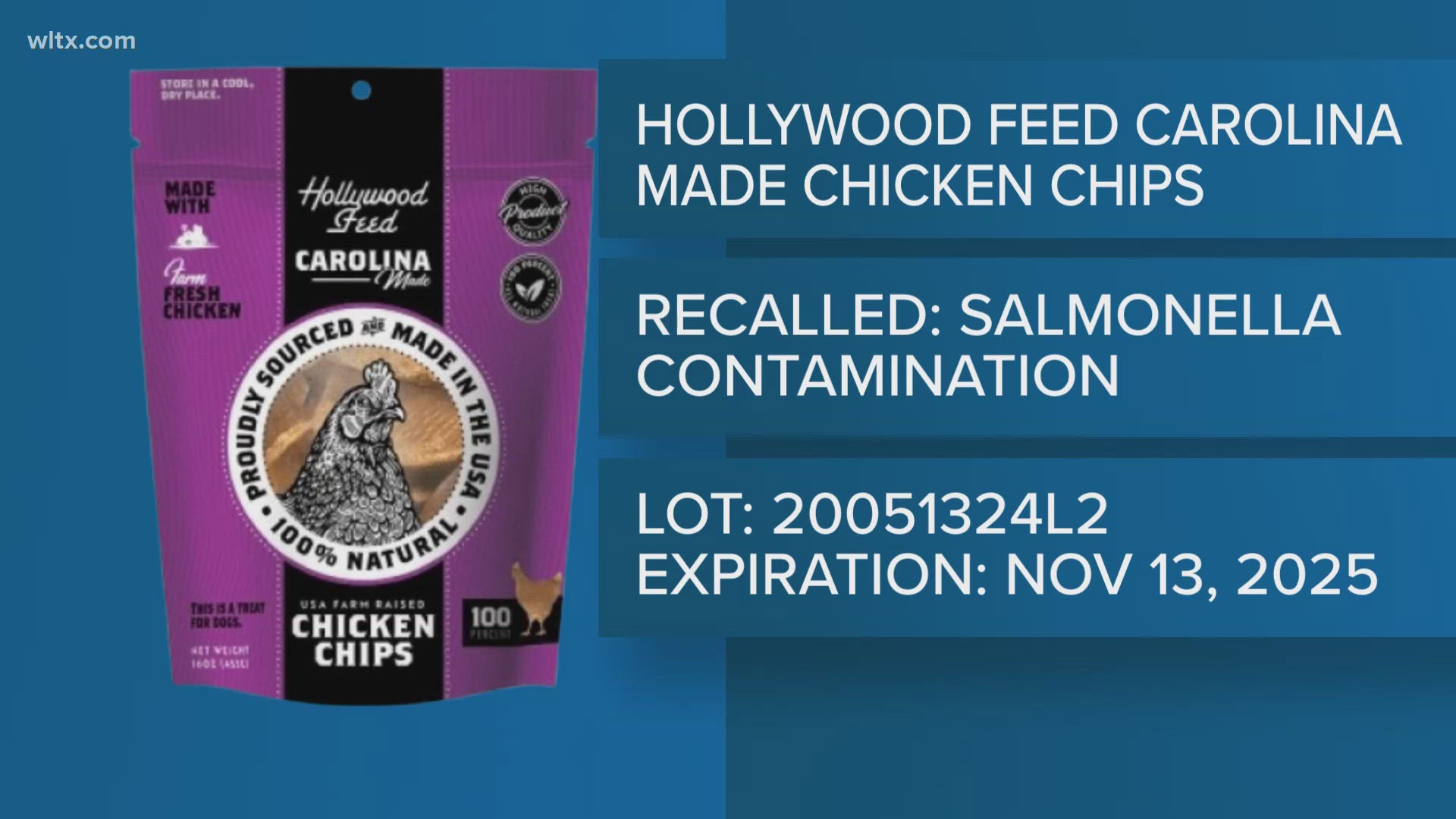 Carolina Prime Pet is recalling their Hollwyood Feed Carolina made chicken chips due to salmonella contamination.