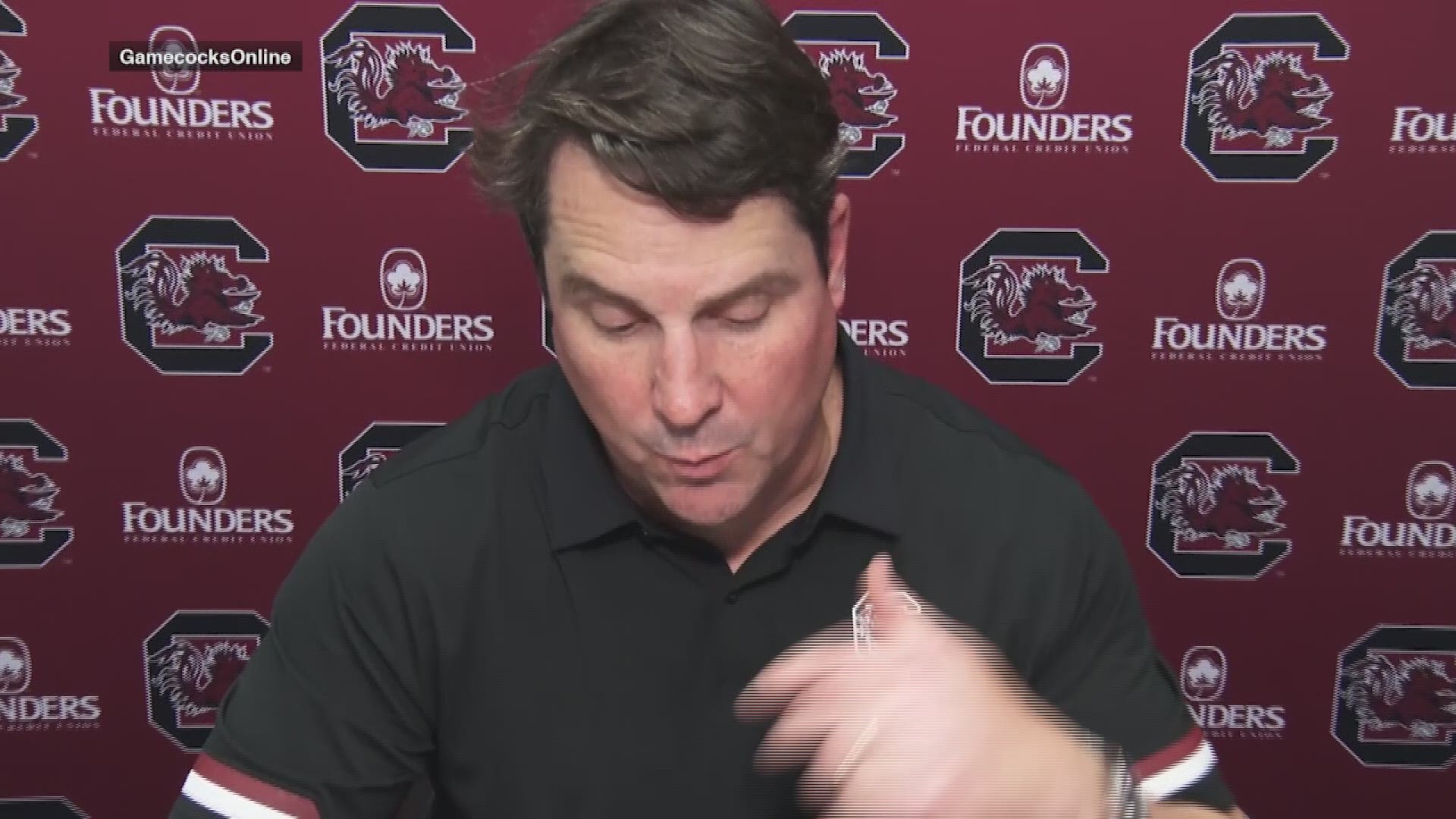 South Carolina head football coach Will Muschamp answers questions after his team's 48-3 loss to #7 Texas A&M.