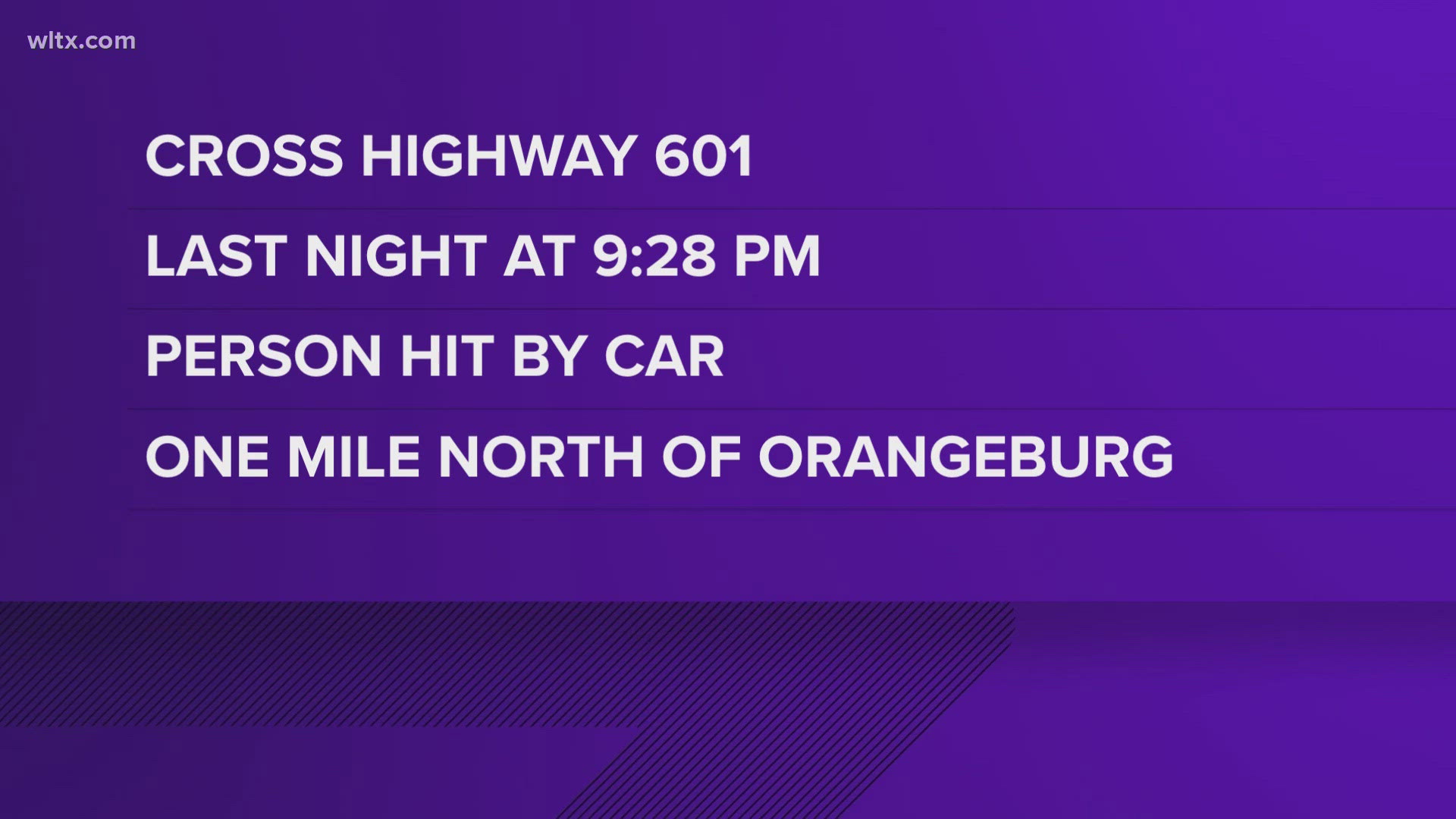 Highway Patrol says that a person was trying to cross HWY 601 by was hit by a car, it happened about a mile north of Orangeburg.