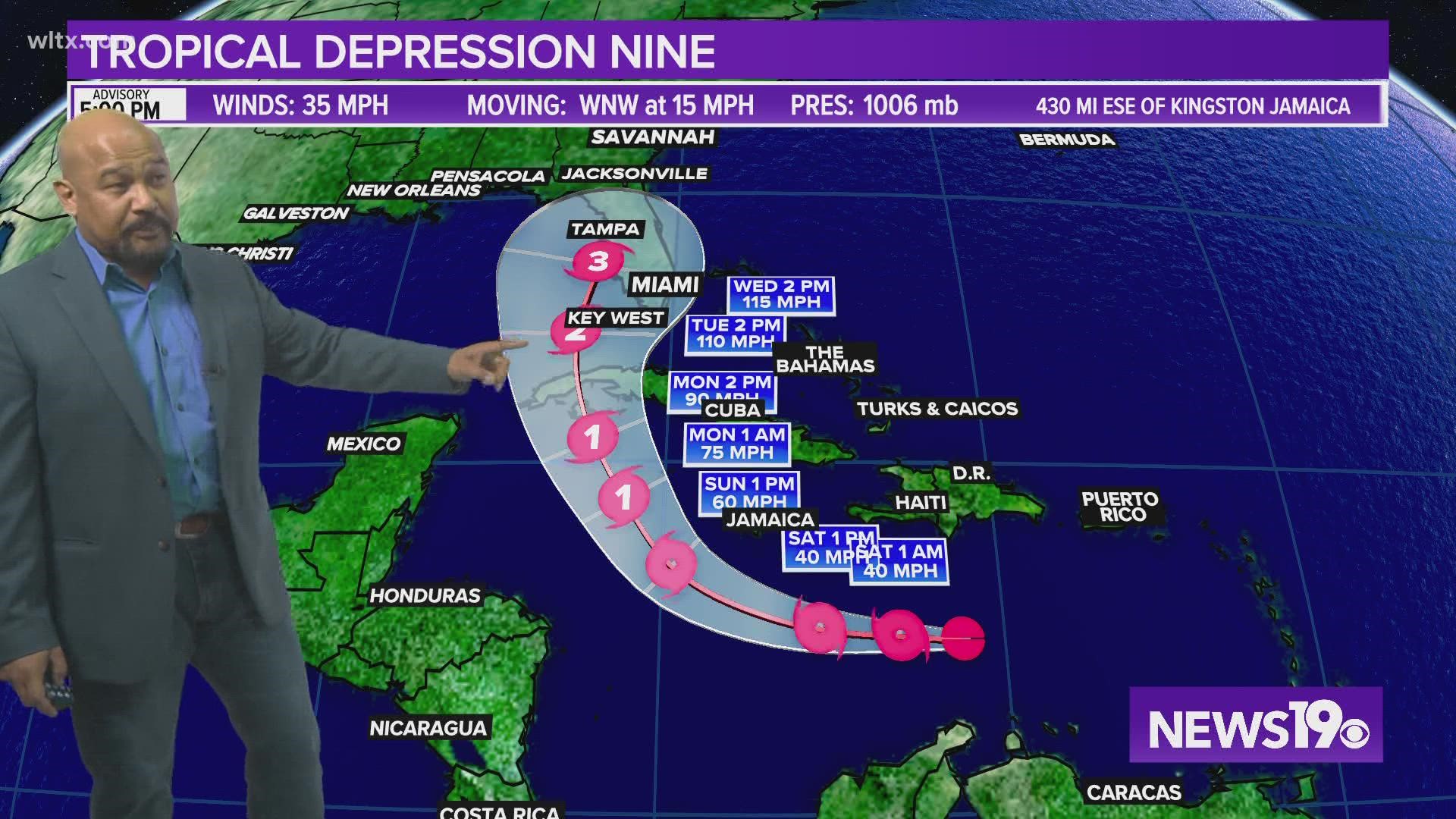 Tropical Depression continues to move west but is expected to turn northeast and strike Florida.