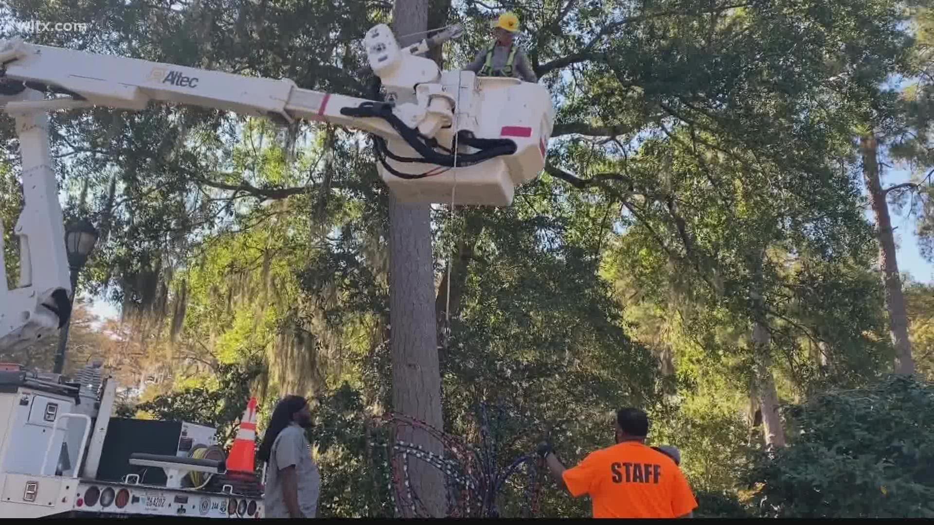 Utility crews are at work installing Christmas displays at the Edisto Memorial gardens.