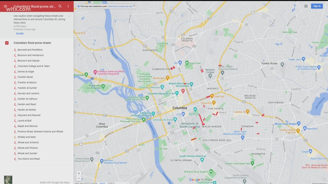 City of Columbia complies list of flood prone streets to avoid in the