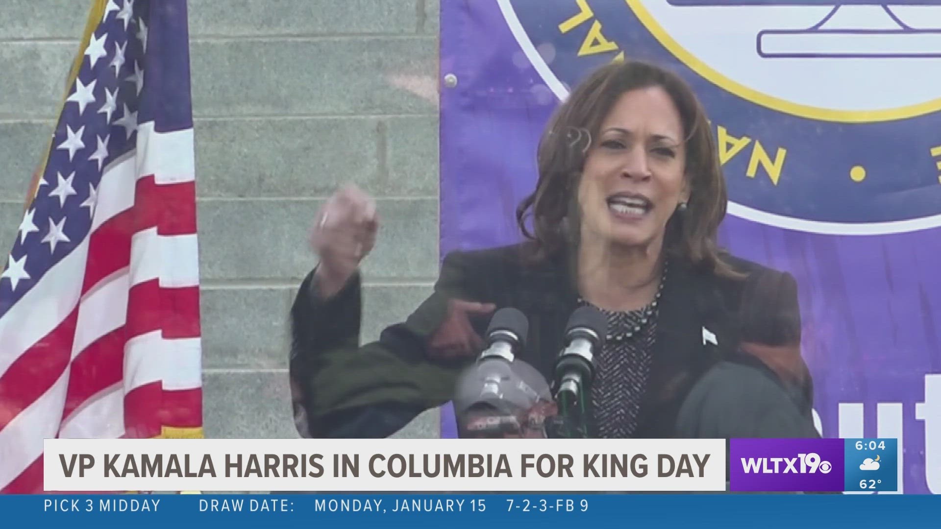 Vice President Kamala Harris delivered the keynote address Monday at the NAACP South Carolina State Conference's annual 'King Day at the Dome' event.