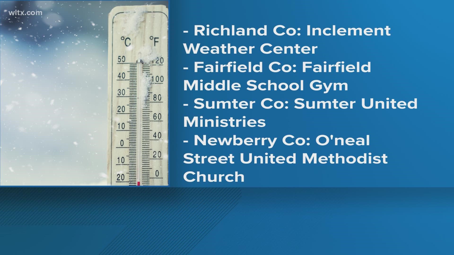 With wind chill temperatures expected to plummet to near zero in South Carolina this week, many Midlands cities and counties are opening up warming shelters.