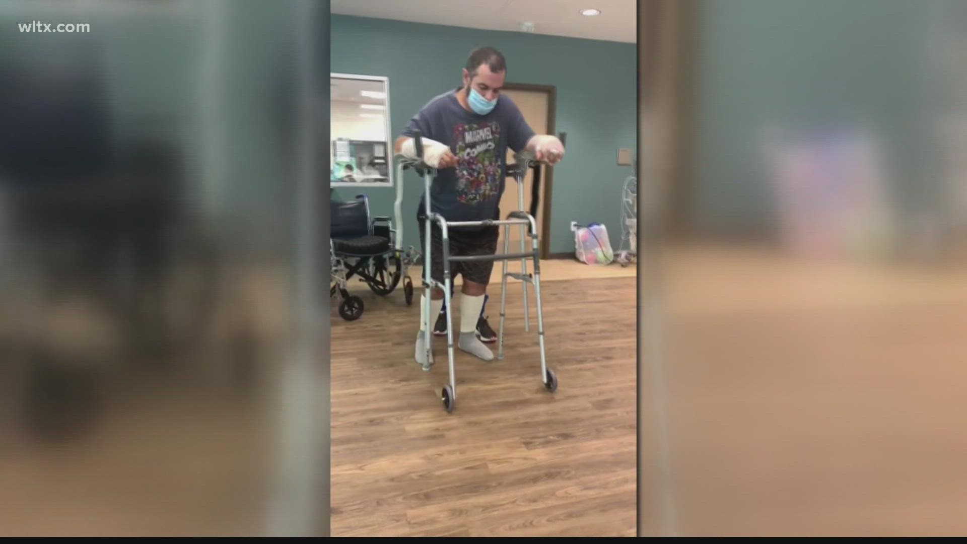 A Columbia Police Sergeant is learning to walk again after suffering multiple injuries last month in a car crash with his daughter.