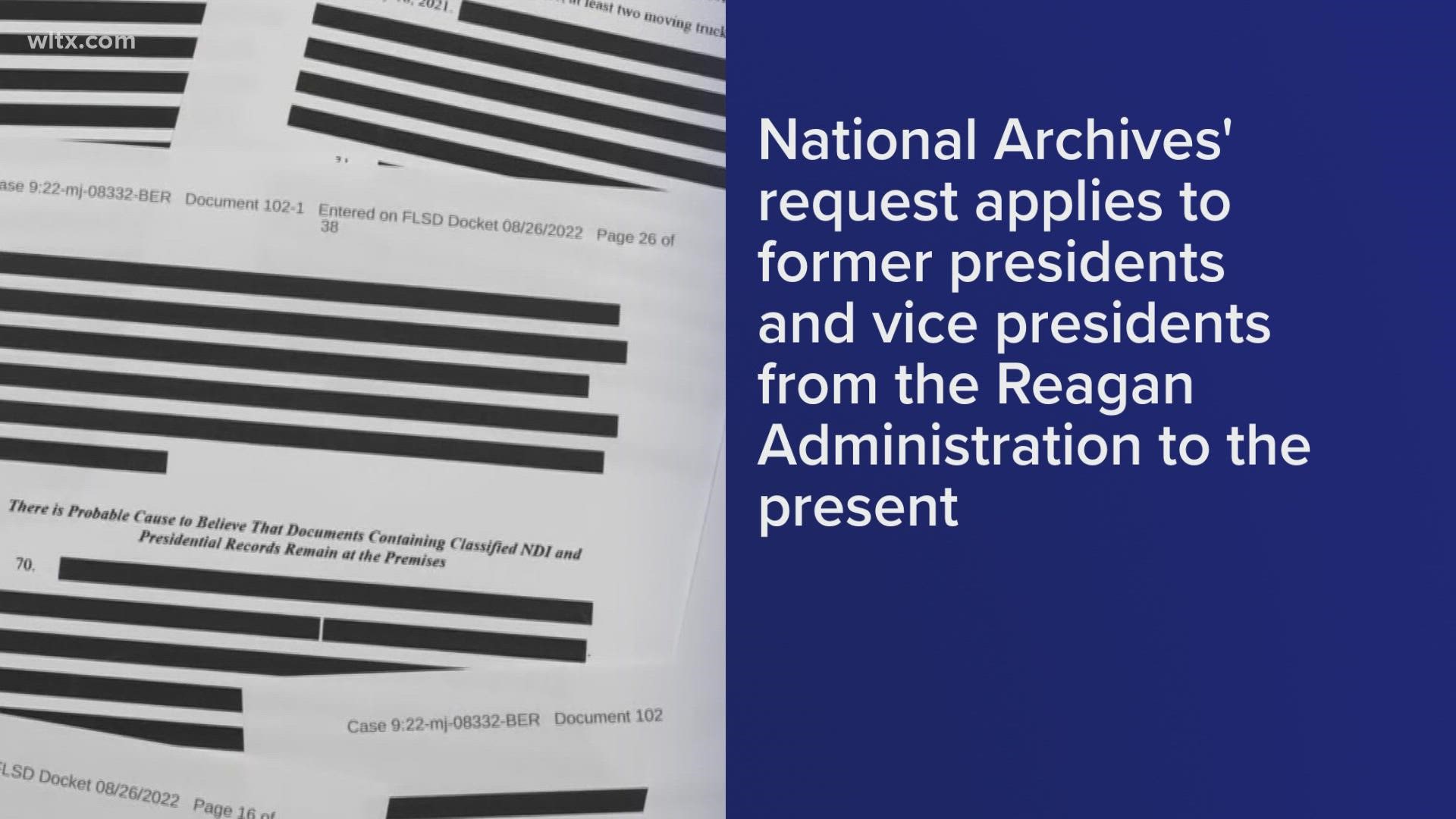 The National Archives has asked former U.S. presidents and vice presidents to recheck their personal records for any classified documents.