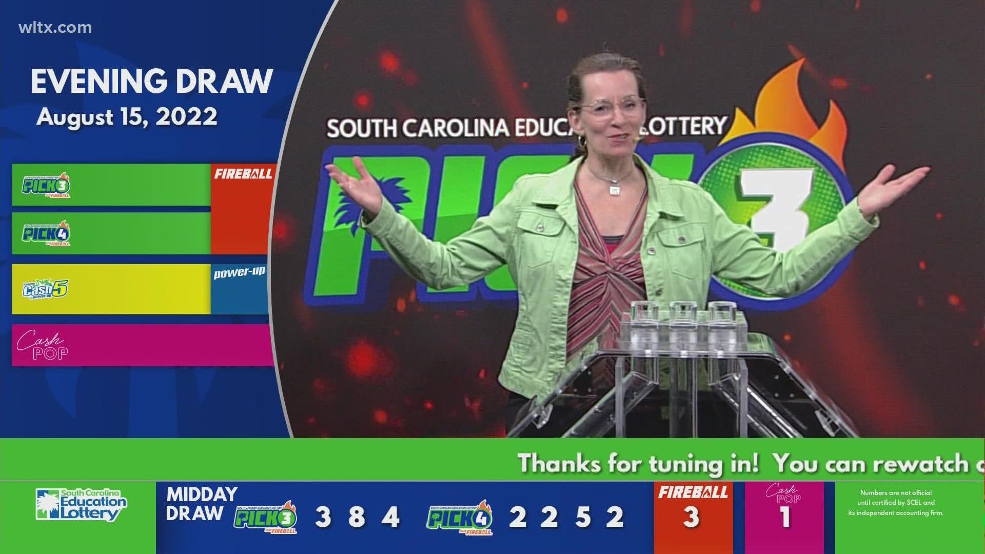 Here are the evening winning SC lottery numbers for Monday, August 15, 2022