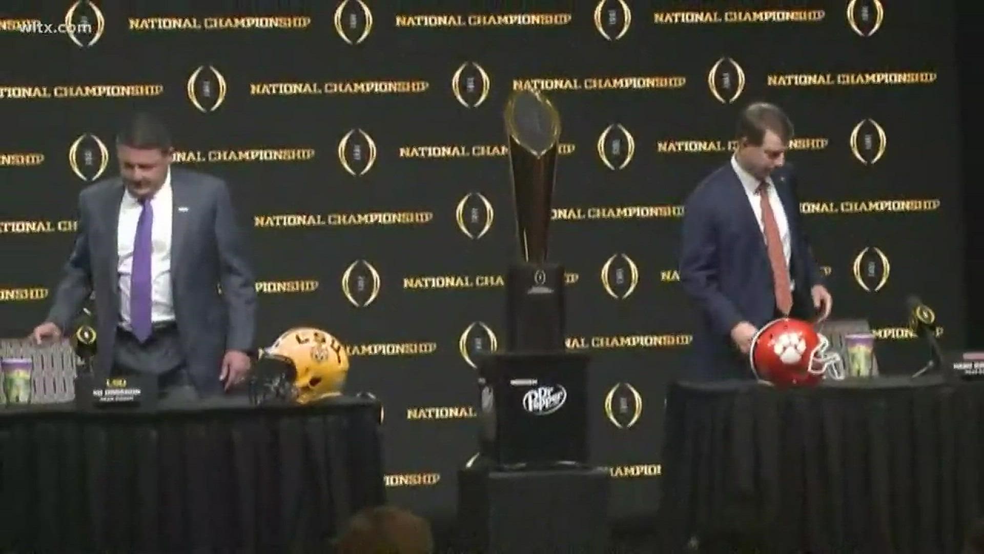 Clemson Tigers Coach Dabo Swinney and LSU Tigers Coach Ed Orgeron spoke at the official news conference for the 2020 college football national championship.