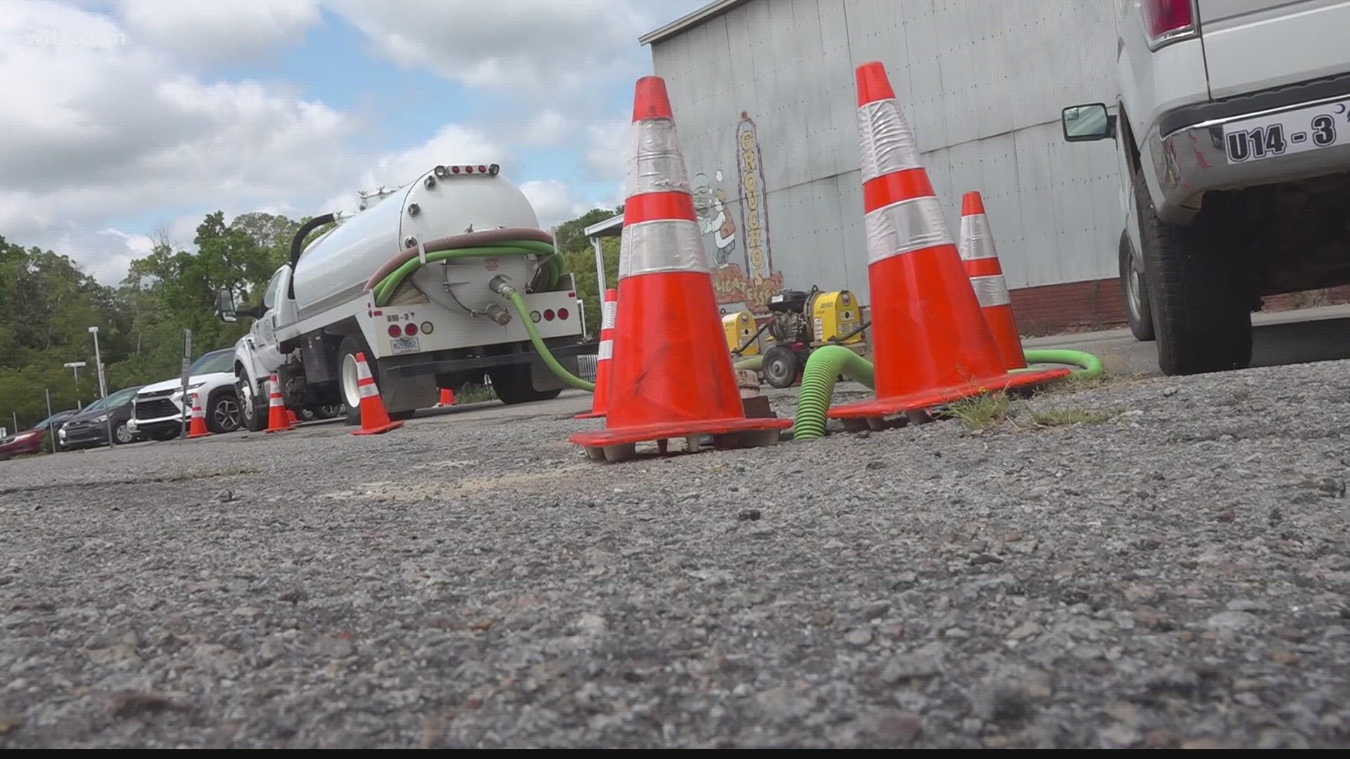 The truck, set up behind a business in Lexington, as the town works to fix a sewer line.