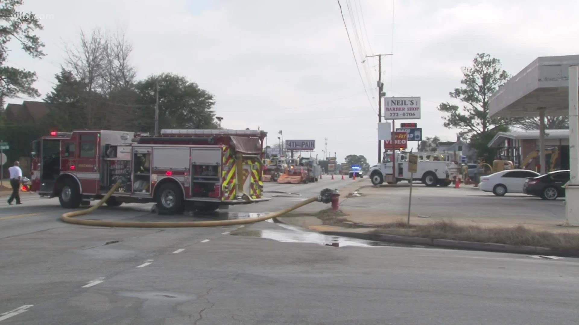 A section of Broad River Road in Columbia is shut down Wednesday due to a cut gas line.
