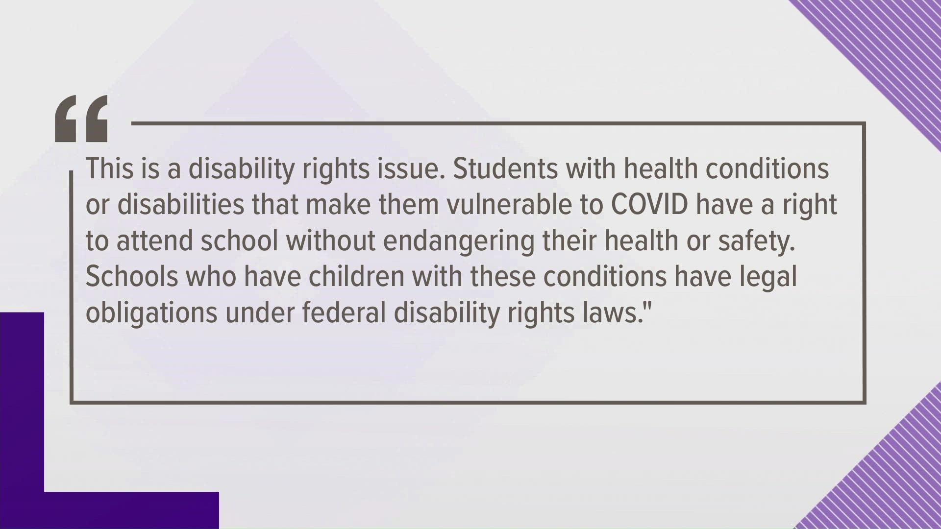 The lawsuit says the ban disproportionately impacts students with underlying health conditions or disabilities who may be exposed to COVID-19