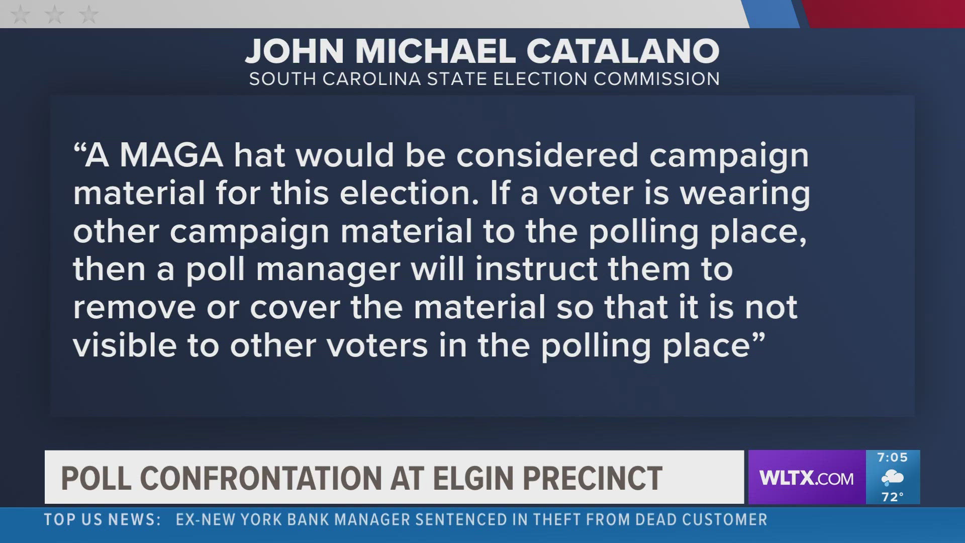 Poll workers, a voter and local law enforcement officers were in a confrontation.  Police said the man could vote with a campaign hat, poll workers said no.