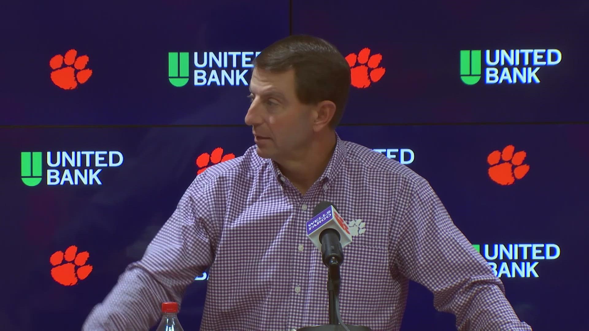 Clemson head football coach Dabo Swinney previews this week's matchup with Louisville and how his team has bounced back after a tough trip to South Bend.