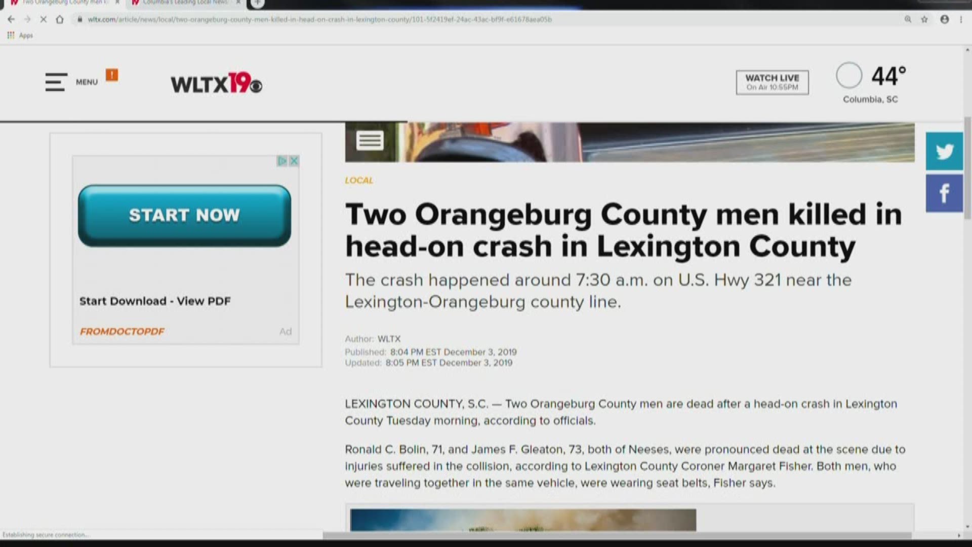 The crash happened around 7:30 a.m. on U.S. Hwy 321 near the Lexington-Orangeburg county line.