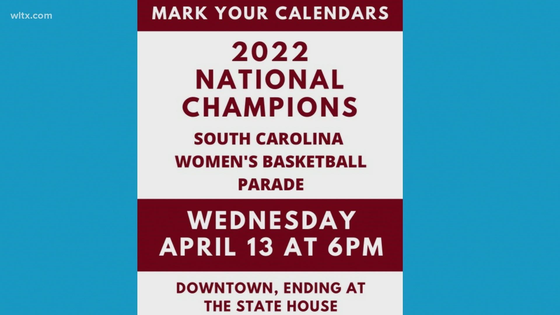 The victory parade for the South Carolina Gamecocks national championship team will take place on April 13 at 6 p.m.