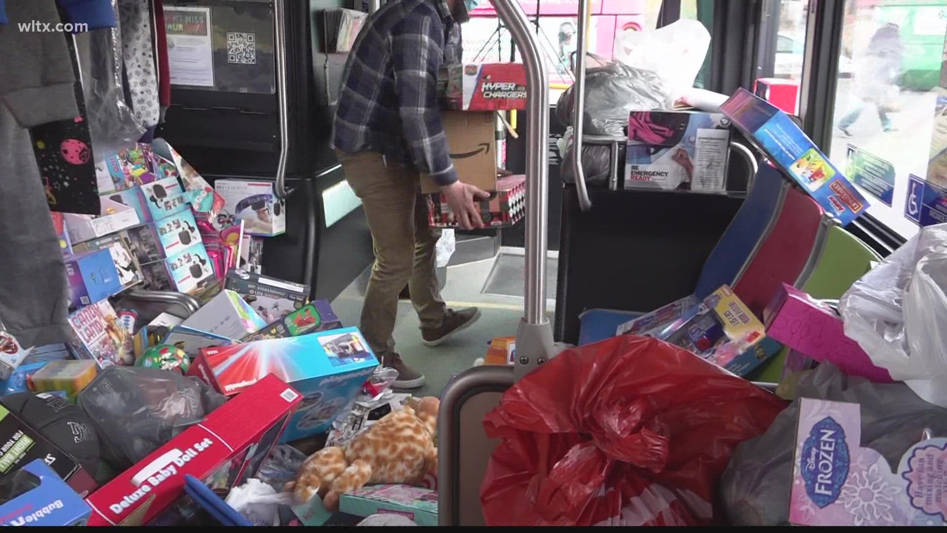 Saturday Morning, the Salvation Army unpacked three buses filled with this year's contributions to the annual "Stuff-a-Bus" event.