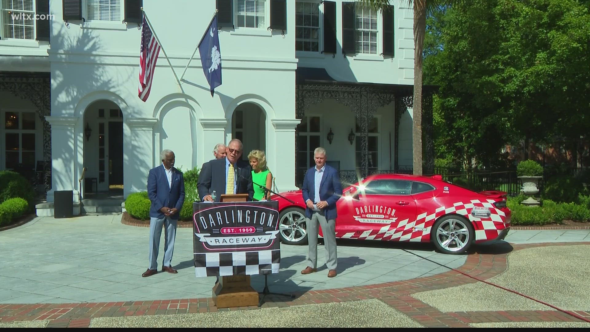 Darlington Raceway president Kerry Tharp and state officials gathered at the Governor's Mansion to talk about the upcoming Cook Out Southern 500.