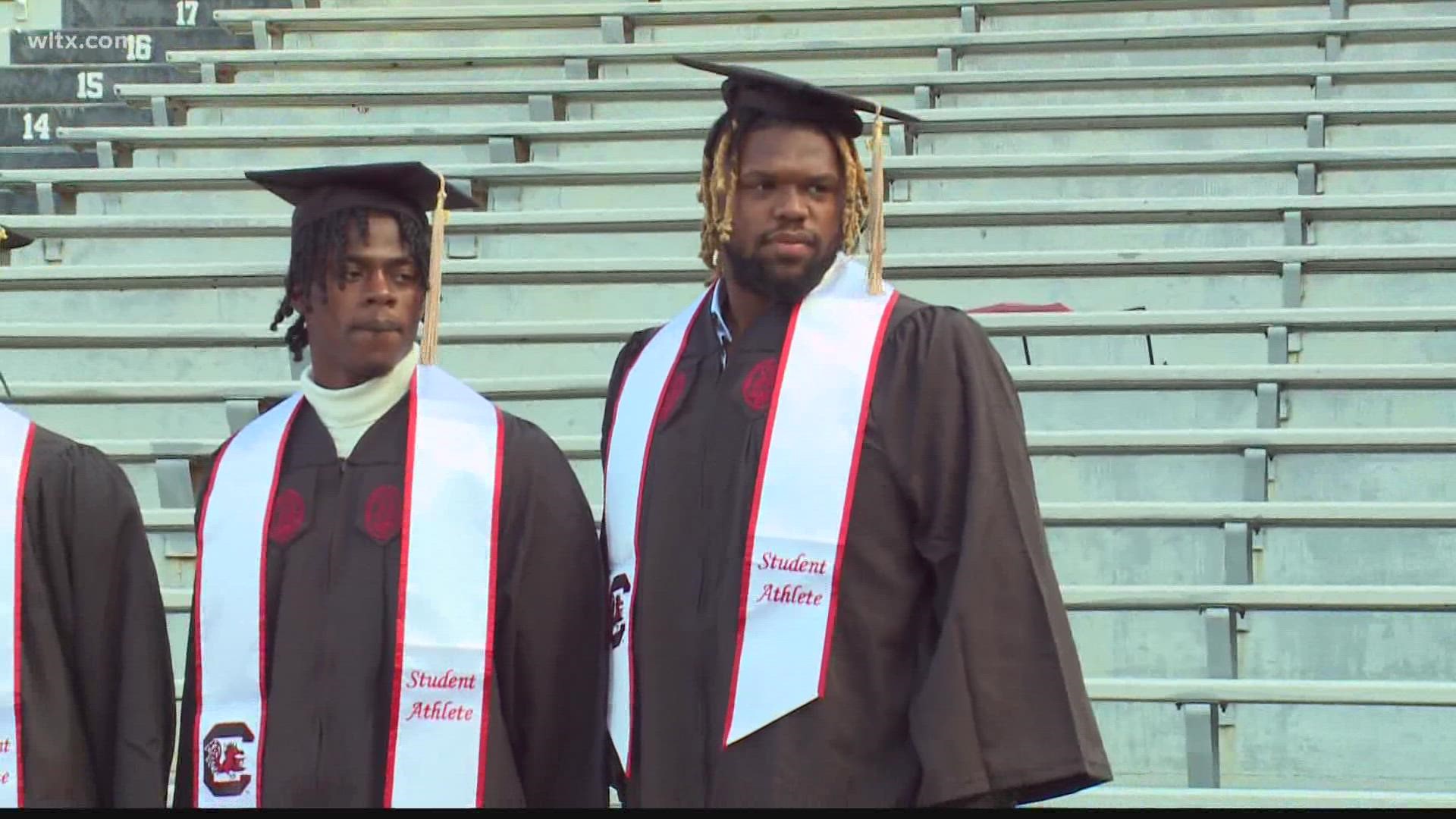 South Carolina defensive lineman Zacch Pickens put on his graduation gear for Monday's photo op and commencement exercises.