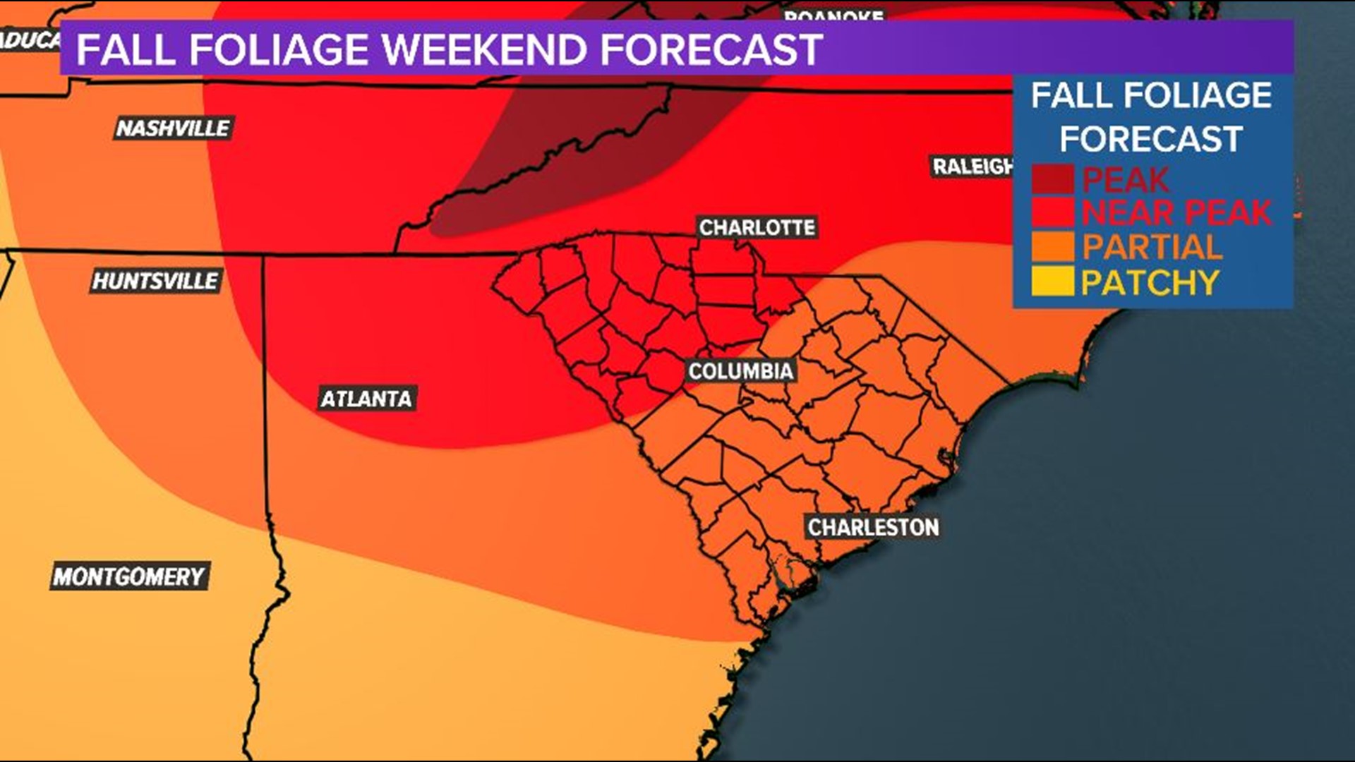 Fall foliage nearing peak colors in Upstate South Carolina this weekend