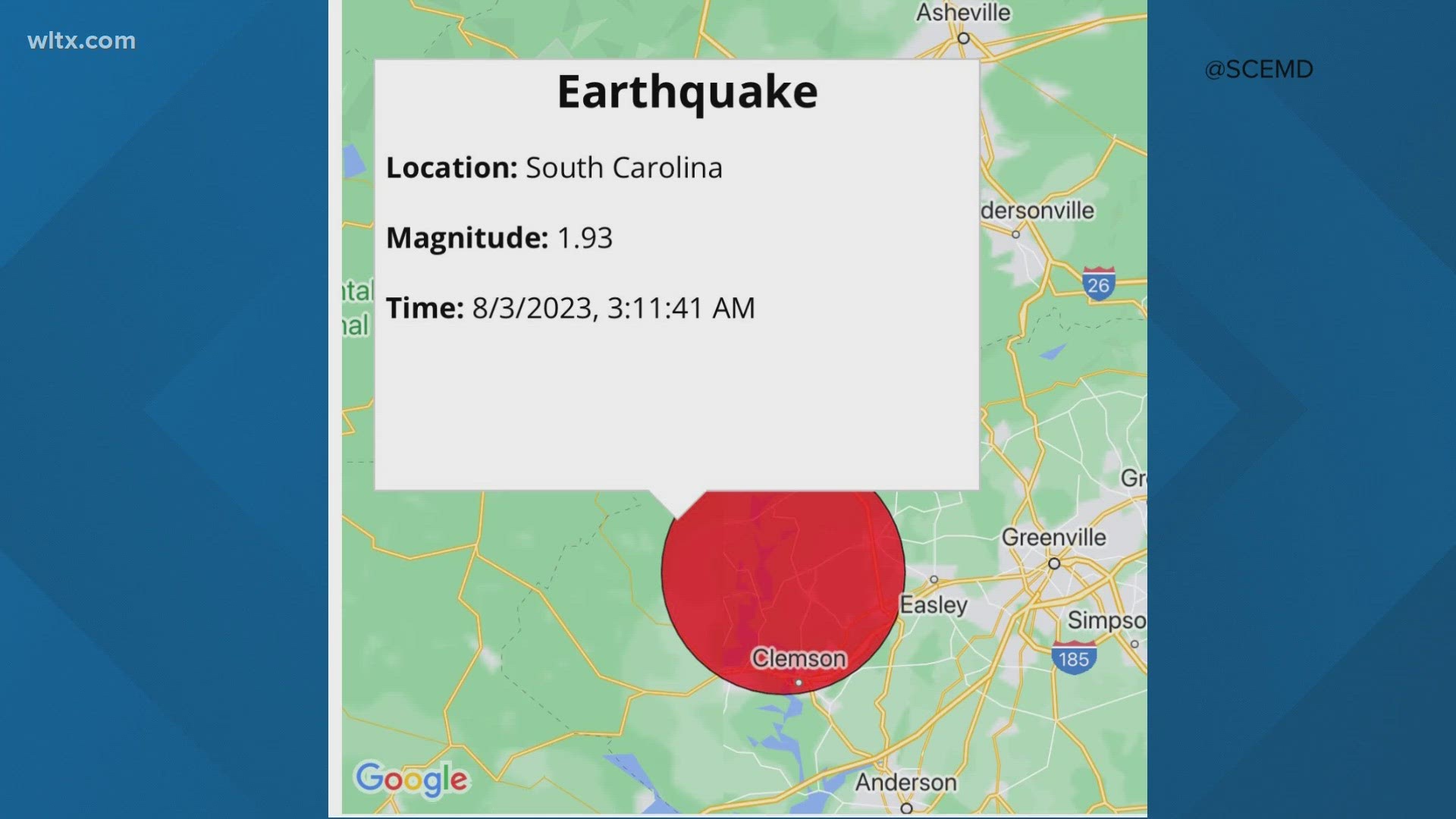 The magnitude 1.93 quake was reported near Six Mile in Pickens County.