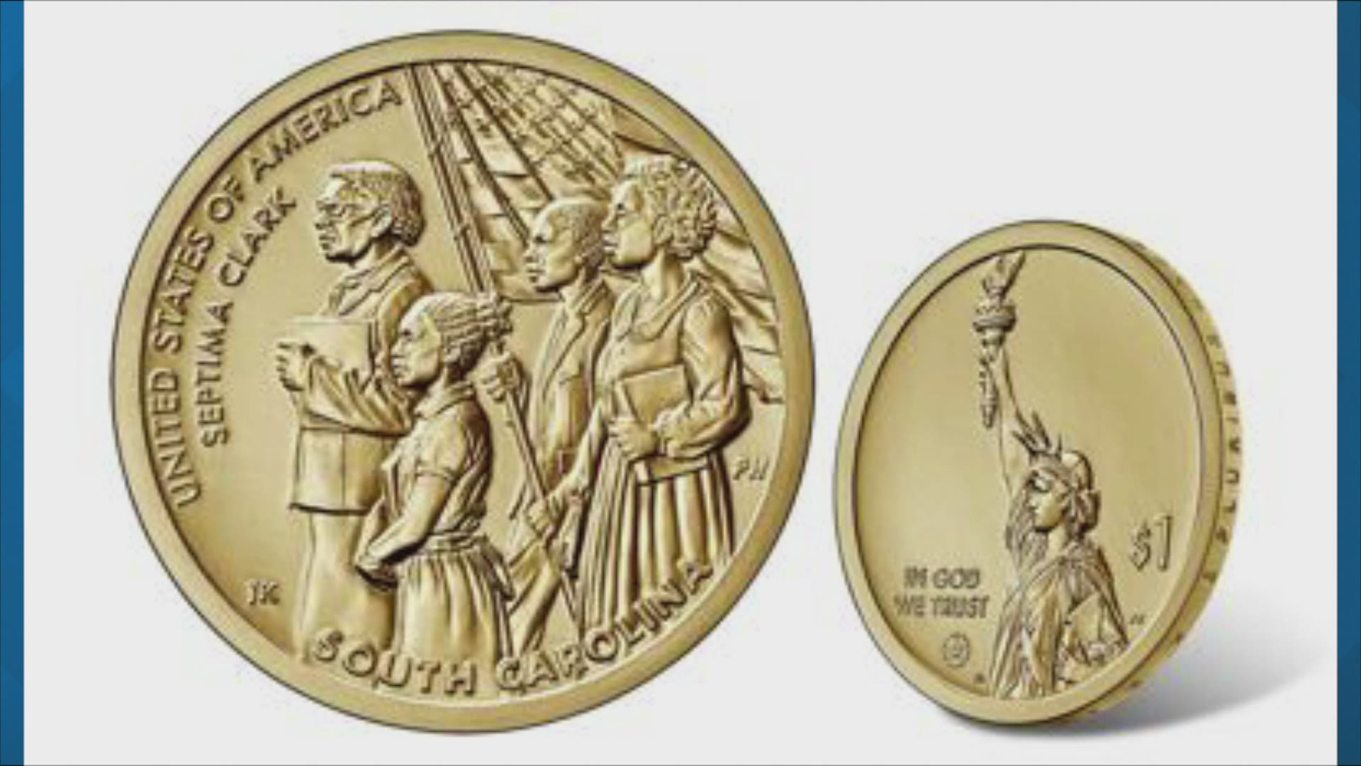 The $1 coin depicts Septima Poinsette Clark marching with three Black students carrying books and an American flag.