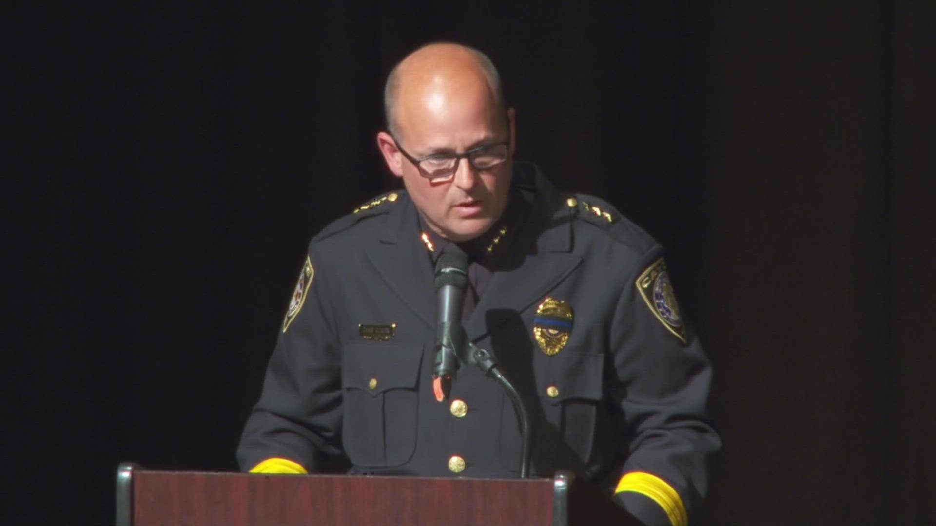 Cayce Police Chief Chris Cowan speaks at the funeral of Officer Drew Barr.