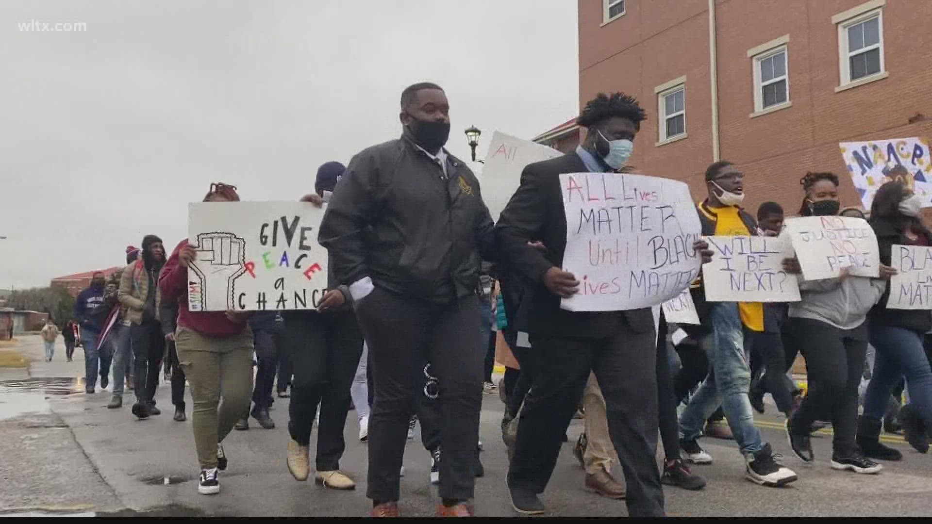 SC State students marched on Monday in honor of the lives lost during the Orangeburg Massacre 54 years ago: Samuel Hammond, Delano Middleton, and Henry Smith.