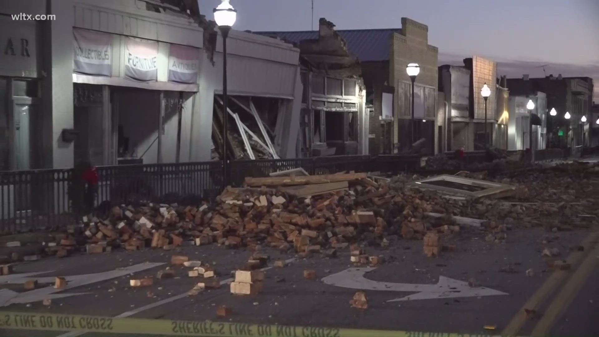 The historic buildings in downtown Bamberg are destroyed after a tornado touch down.