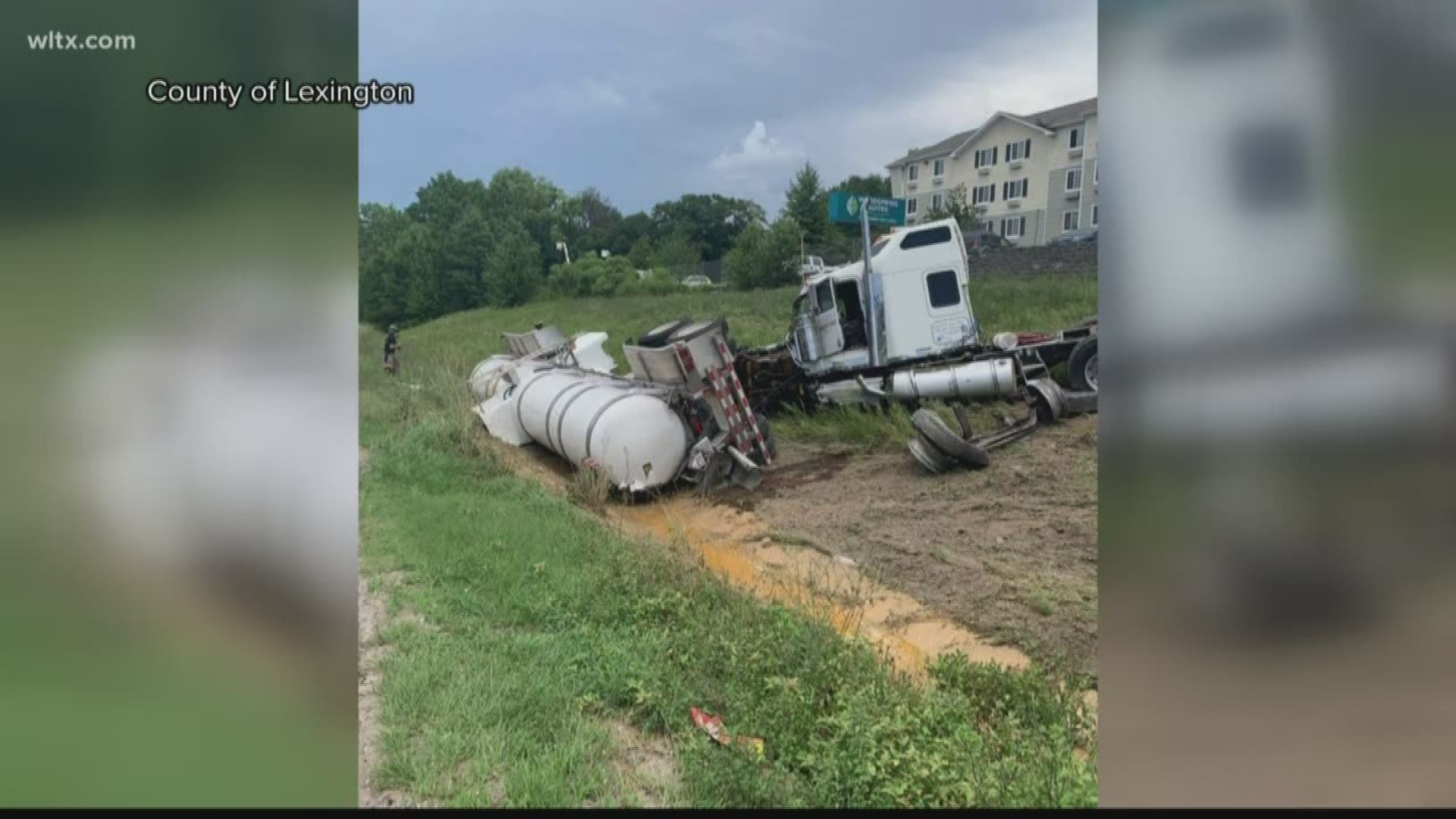 An overturned tanker truck spilled bleach onto Interstate 20 in Lexington County Saturday afternoon.