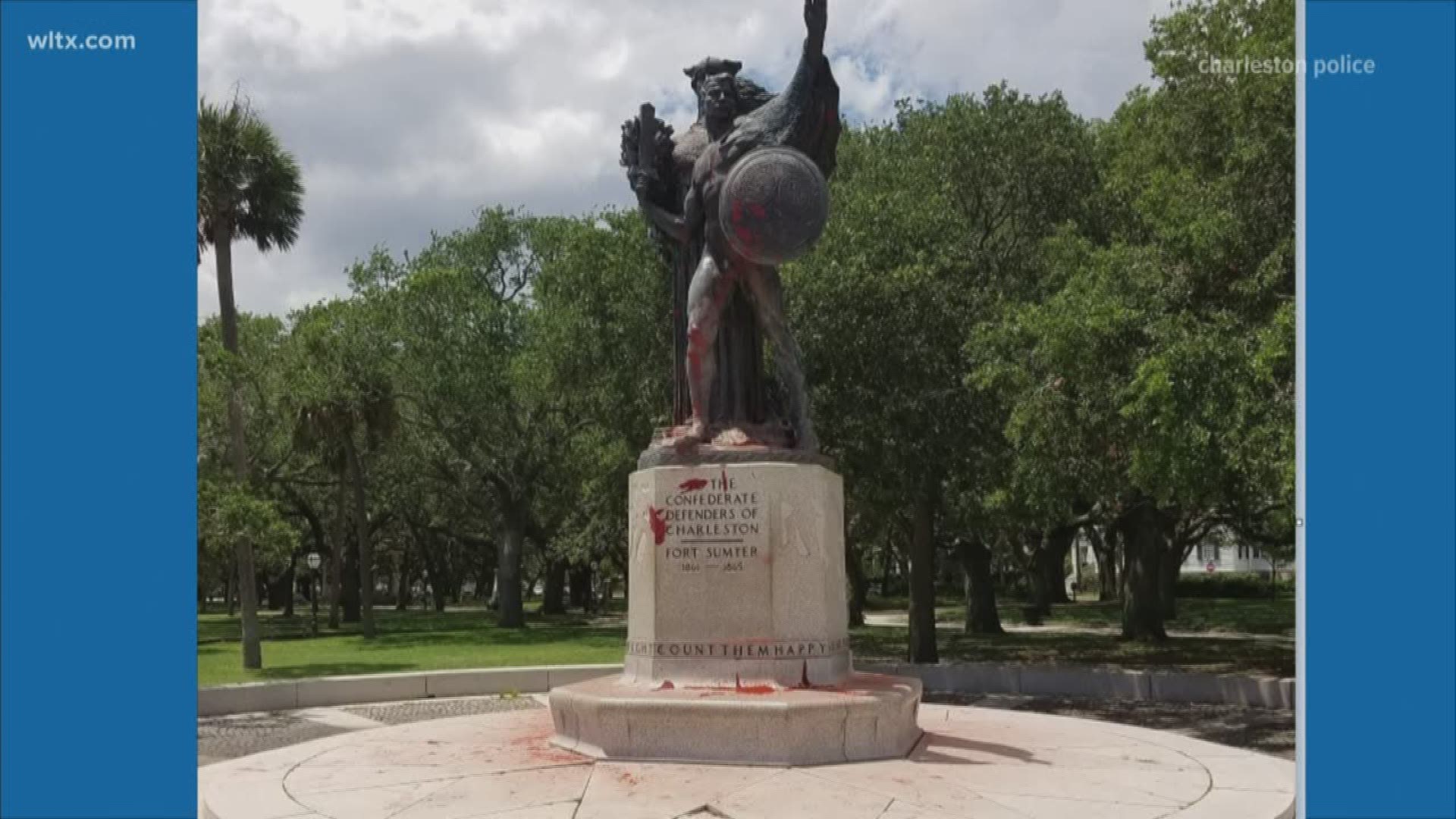 Police in Charleston have arrested two people after they splashed red paint on a Confederate monument.