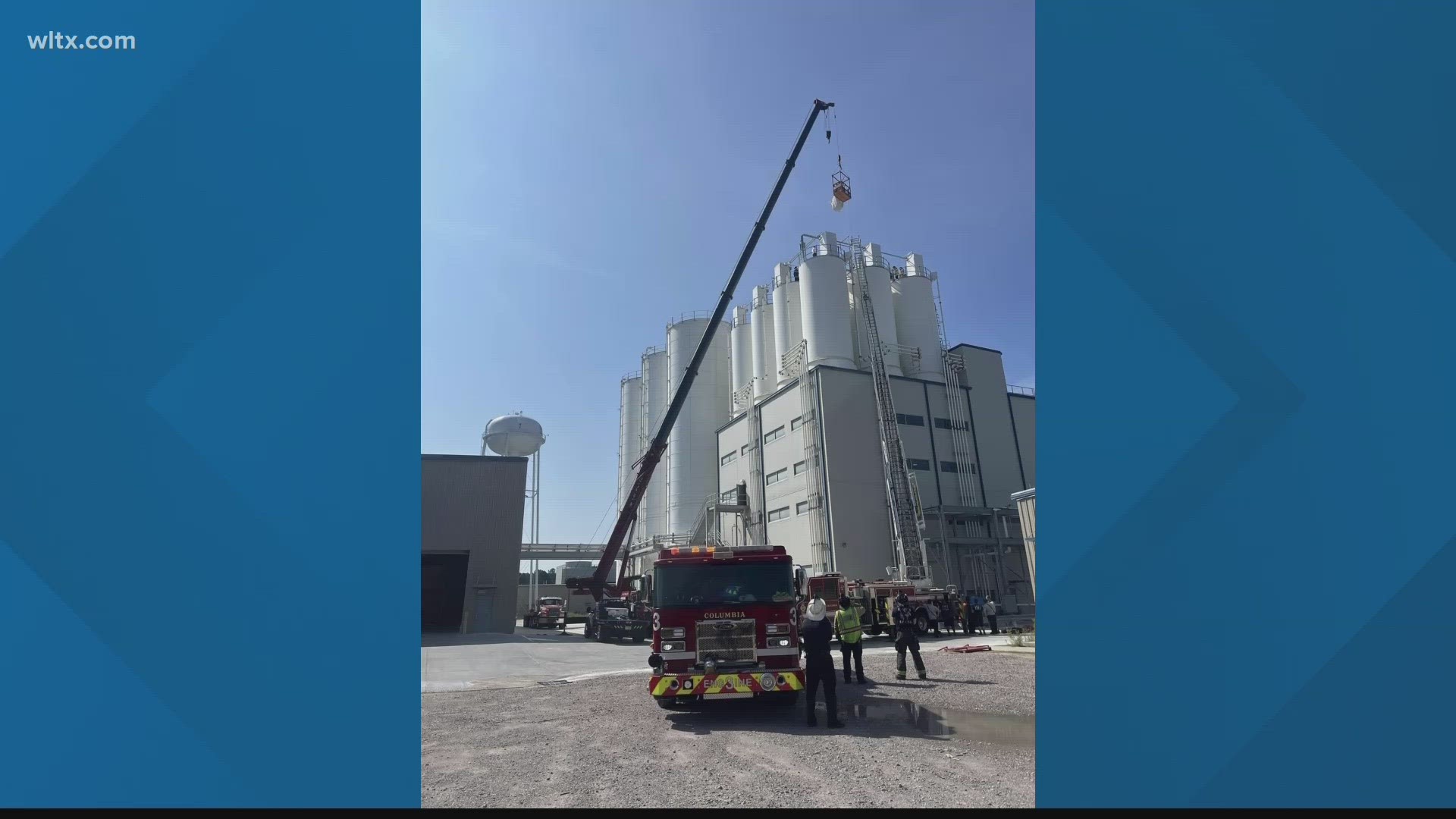 The Columbia Fire Department rescued a worker at an industrial facility who was stuck 130 feet in the air.