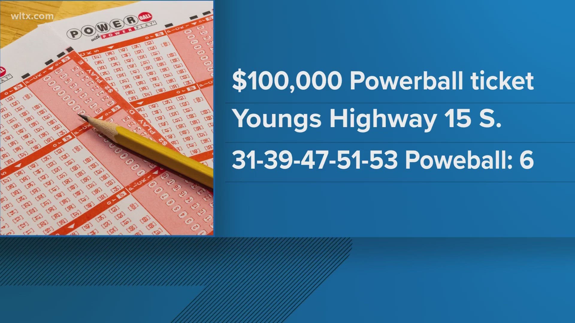 A Powerball ticket worth $100,000 was sold at the Young's Food Store near the intersection of Hwy 15 and Nettles Road in Sumter.
