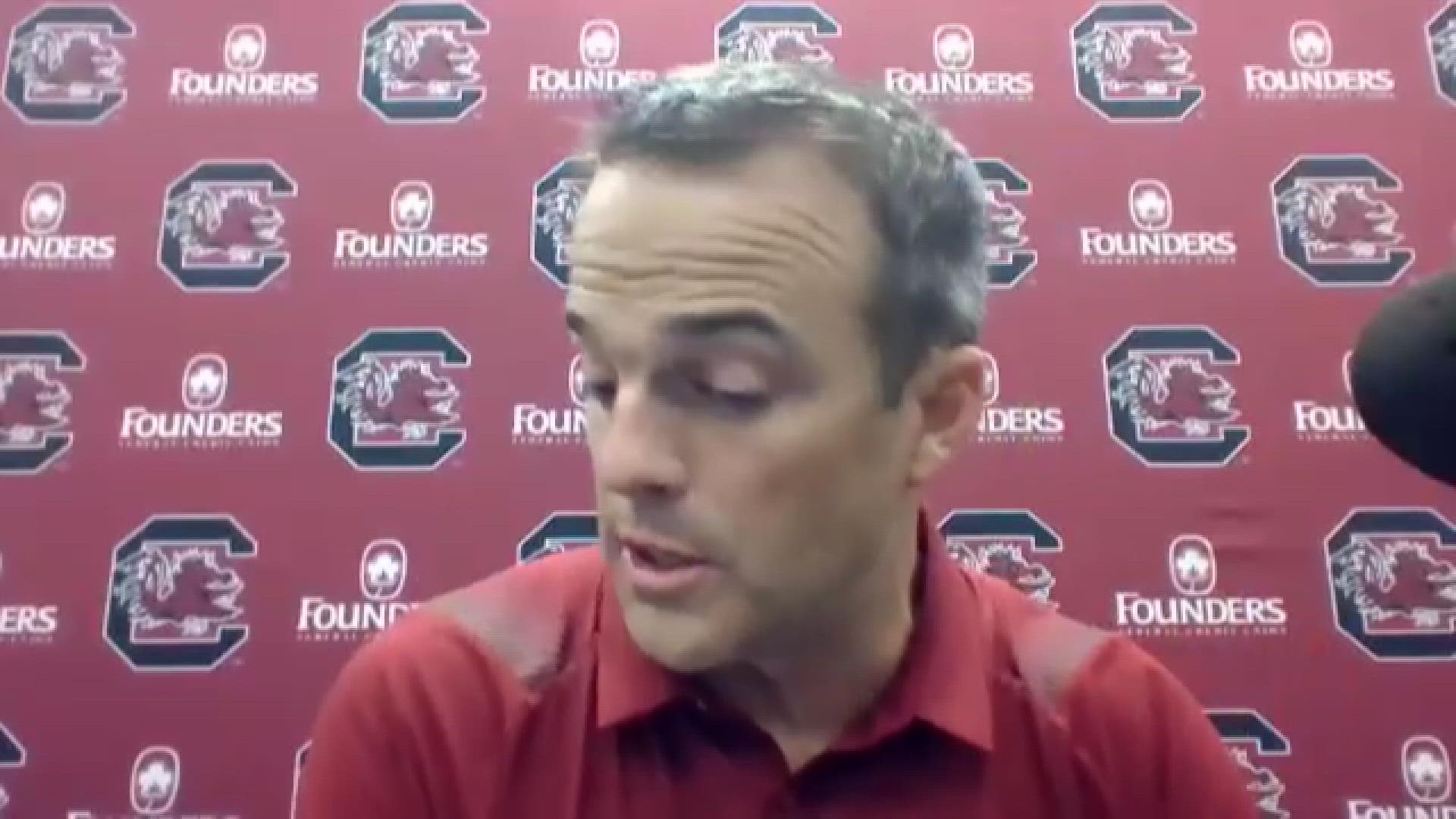 South Carolina head football coach Shane Beamer answers questions after his team's 44-14 loss at Texas A&M.