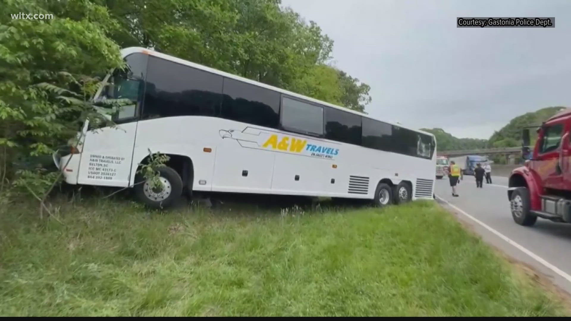 Multiple people are hurt after a bus carrying South Carolina middle schoolers ran off I-85 in Gaston county on their way to Carowinds.