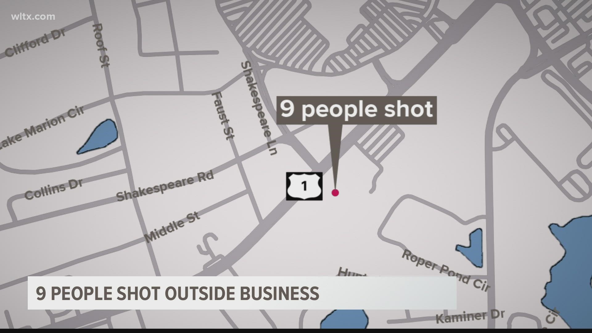 A total of nine people were shot outside a business on Two Notch Road in Columbia Sunday morning.