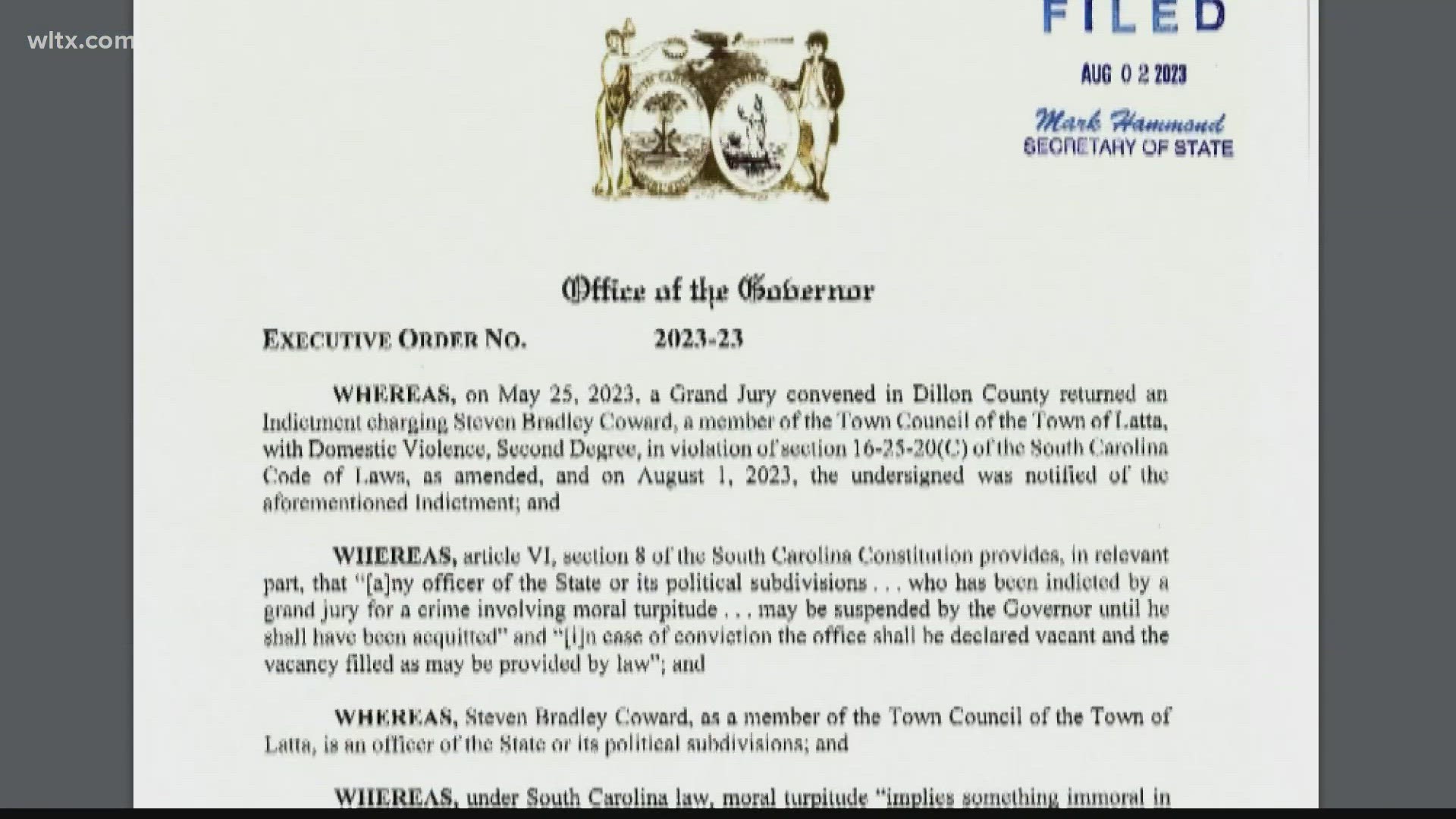 South Carolina Governor Henry McMaster has suspended a Town of Latta councilman after the councilman was indicted for domestic abuse.