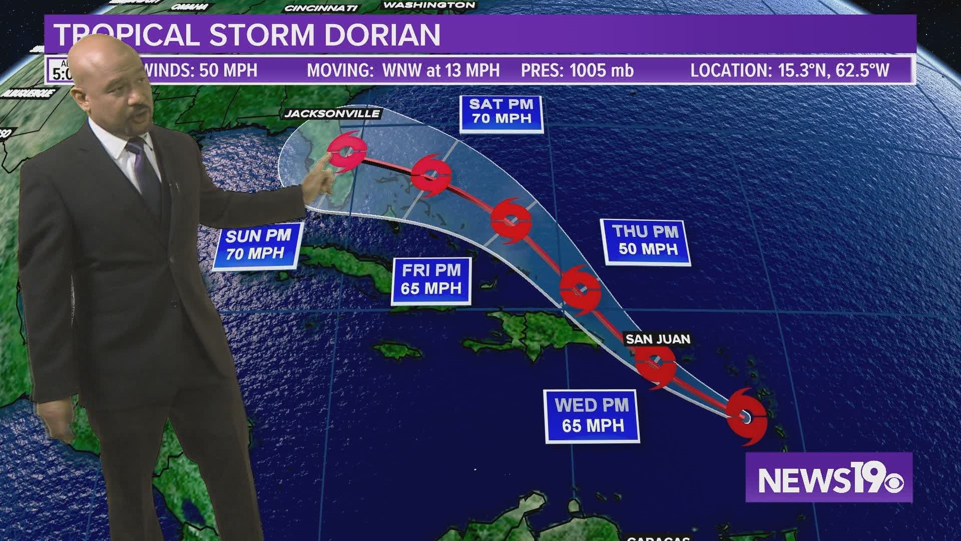 Tropical Storm Dorian continues to move past the islands of the Caribbean. The current forecast models have it moving into Florida over the weekend.