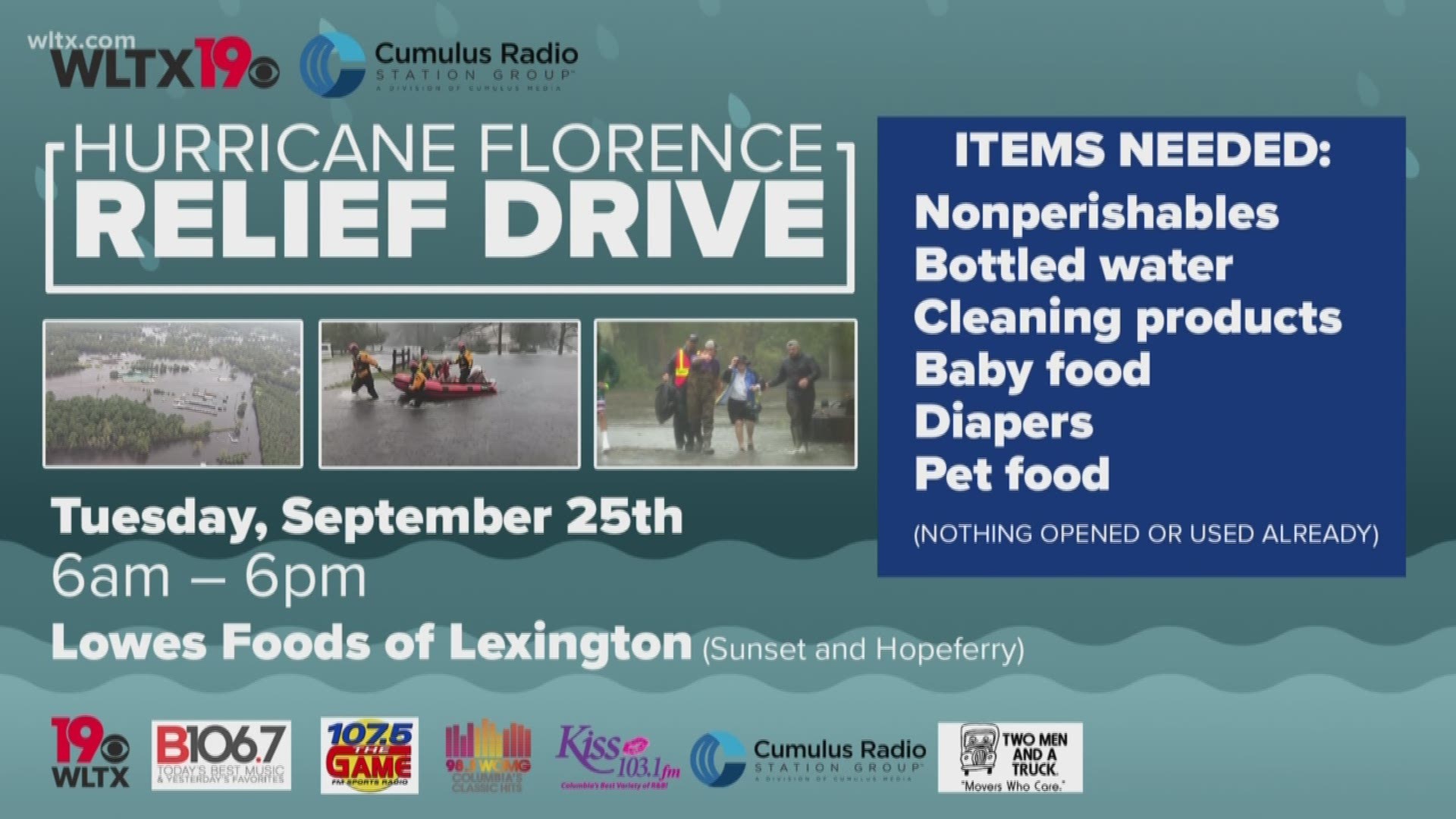 We're going to be collecting nonperishables, bottled water, cleaning products, baby food,diapers, and pet food.