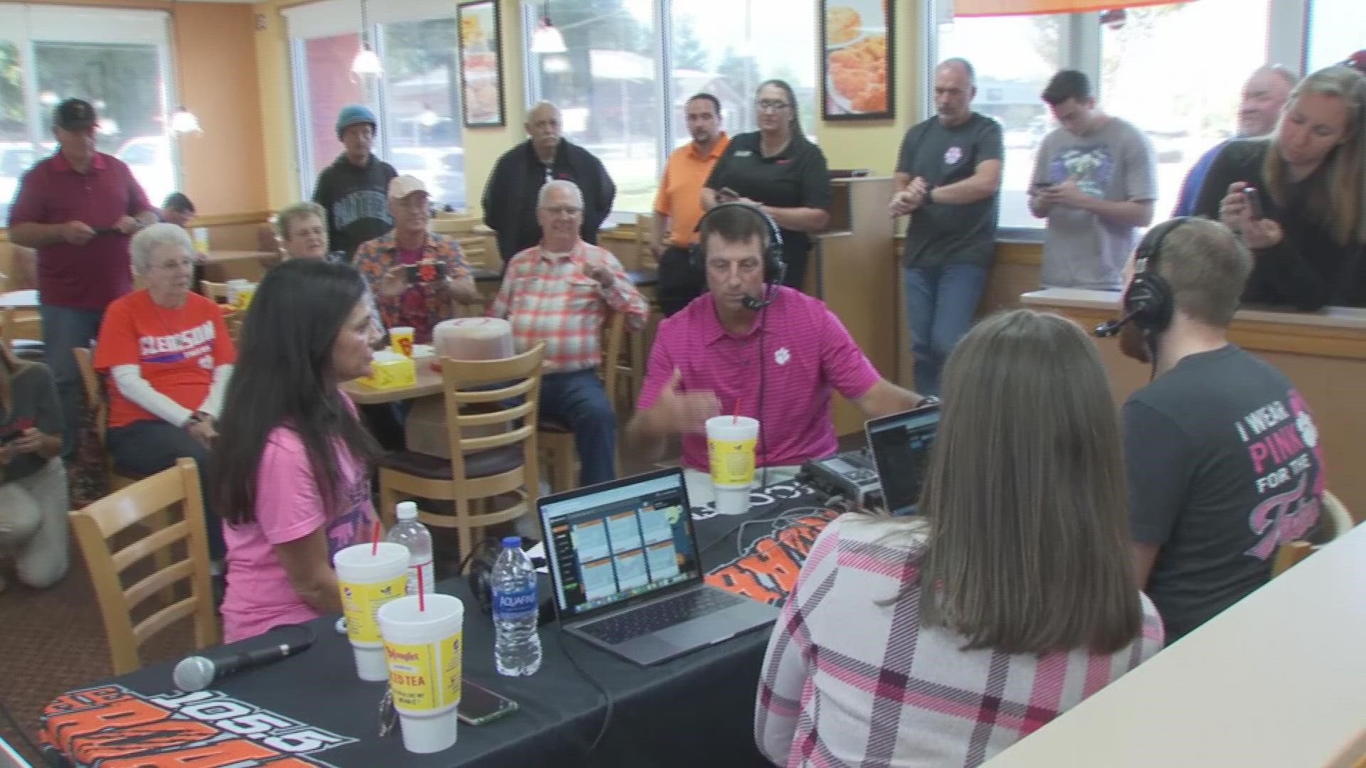 Dabo Swinney was at the Pendleton Bojangles for an appearance to promote Breast Cancer Awareness. His final remarks on 105.5 The Roar left an impression.