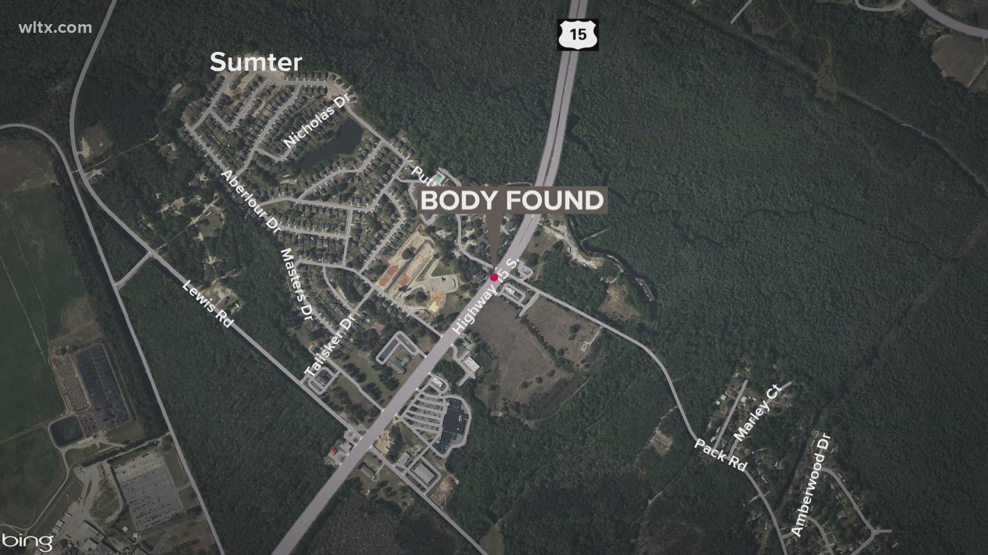 Authorities said the body was discovered in a wooded area on Sunday afternoon.