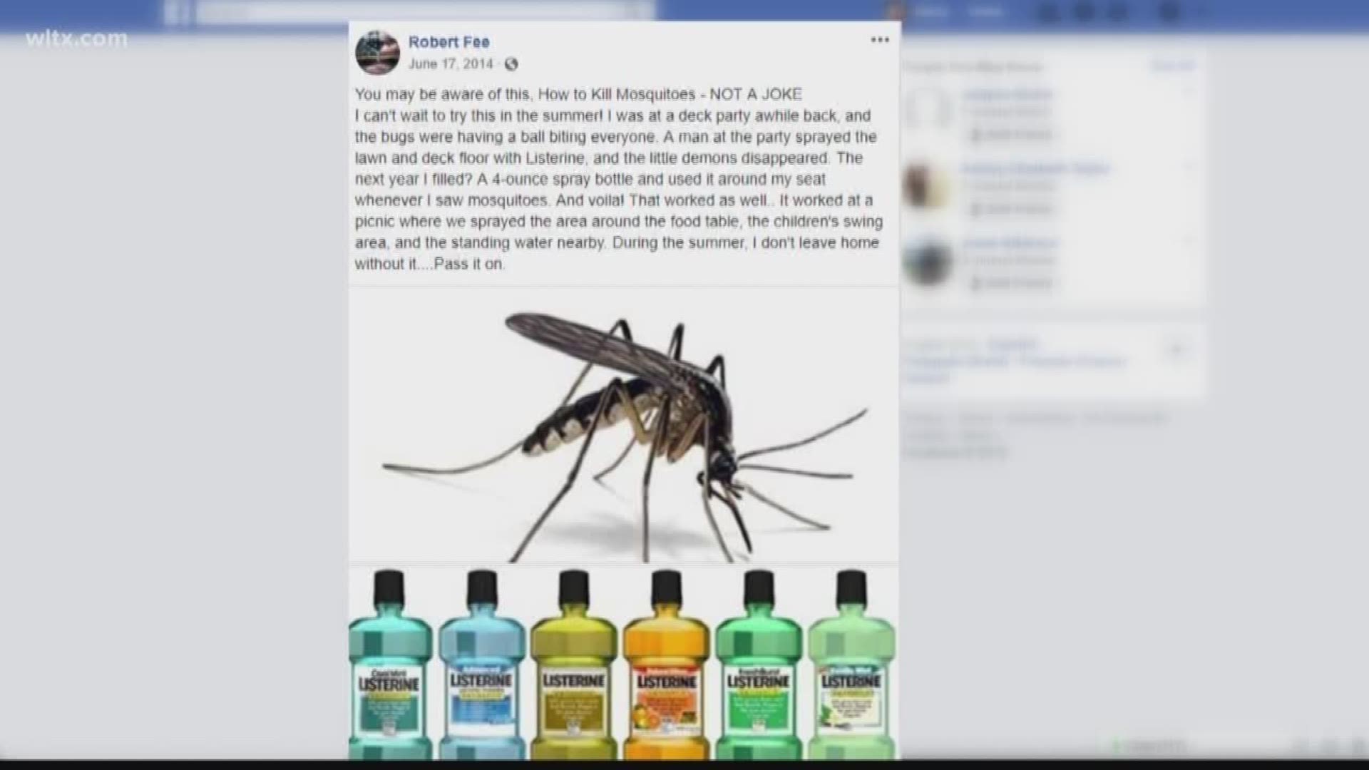 During mosquito season, we'll do just about anything to get rid of these blood-thirsty pests.Maybe you've seen this. A post on Facebook -- that seems to go viral every year -- saying that spraying Listerine can ward off mosquitoes. The post says you can